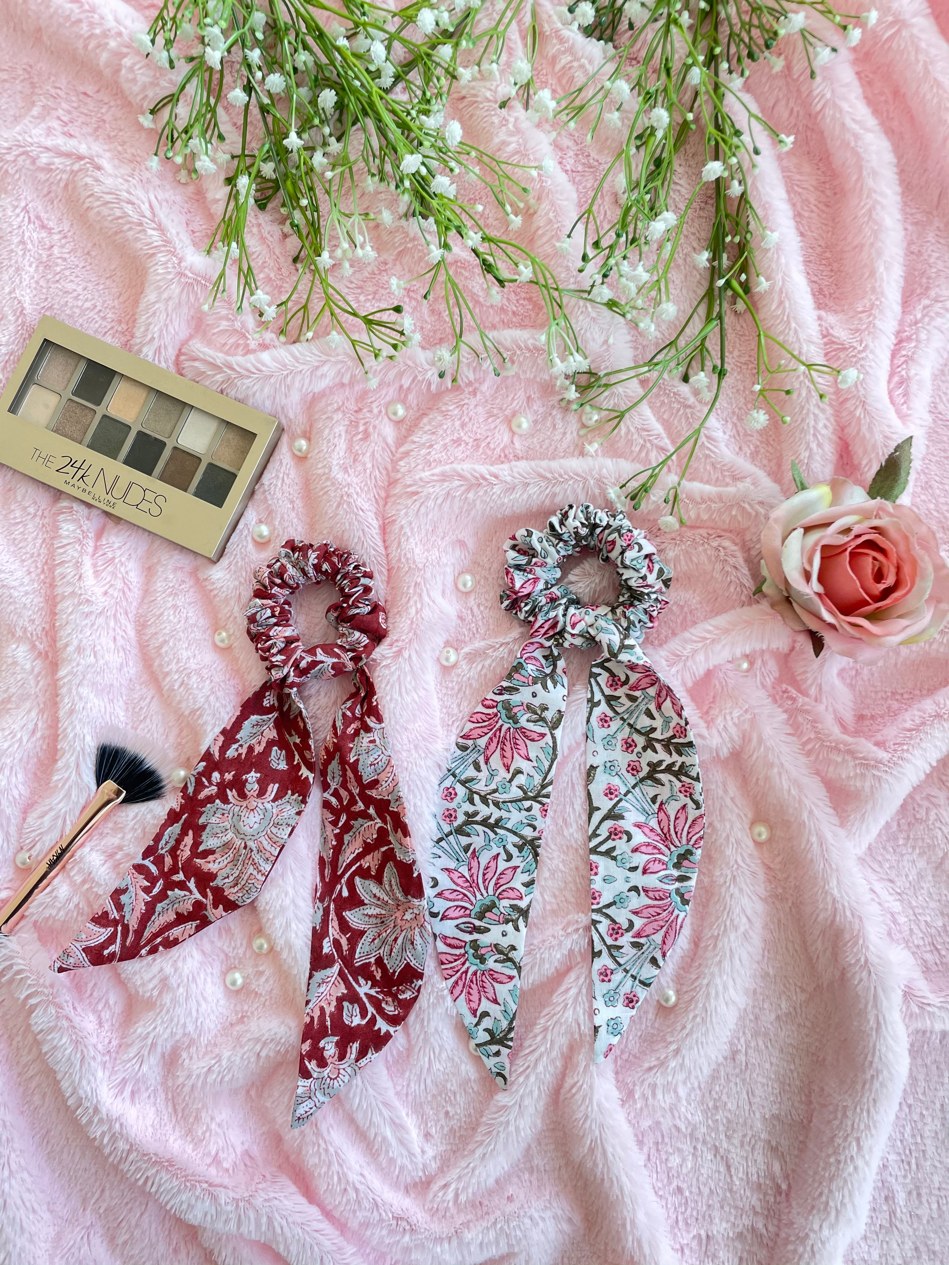 Cotton Scarf Scrunchies Combo (Geru print, White)
