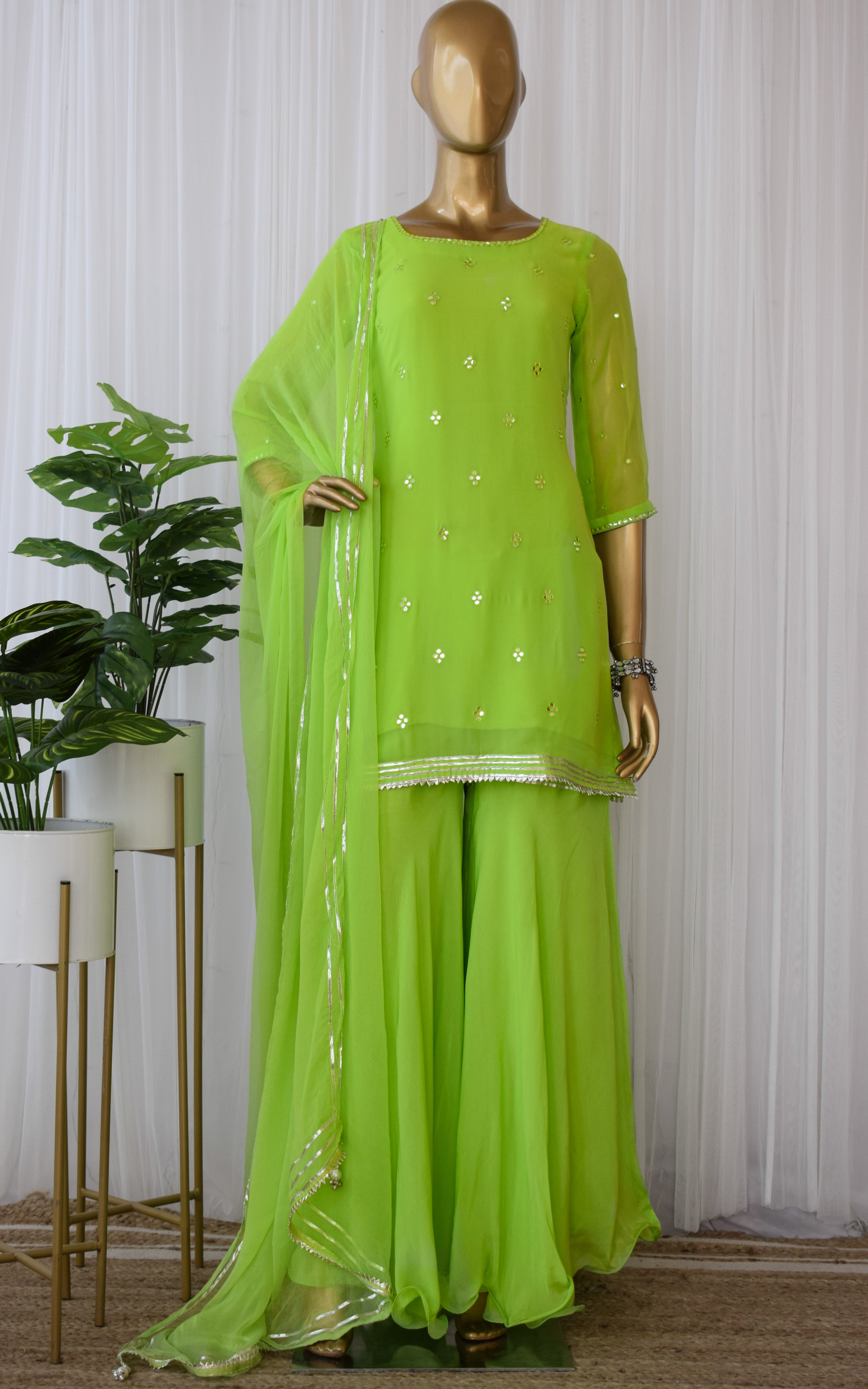 Parrot Green Mirrorwork Sharara Set