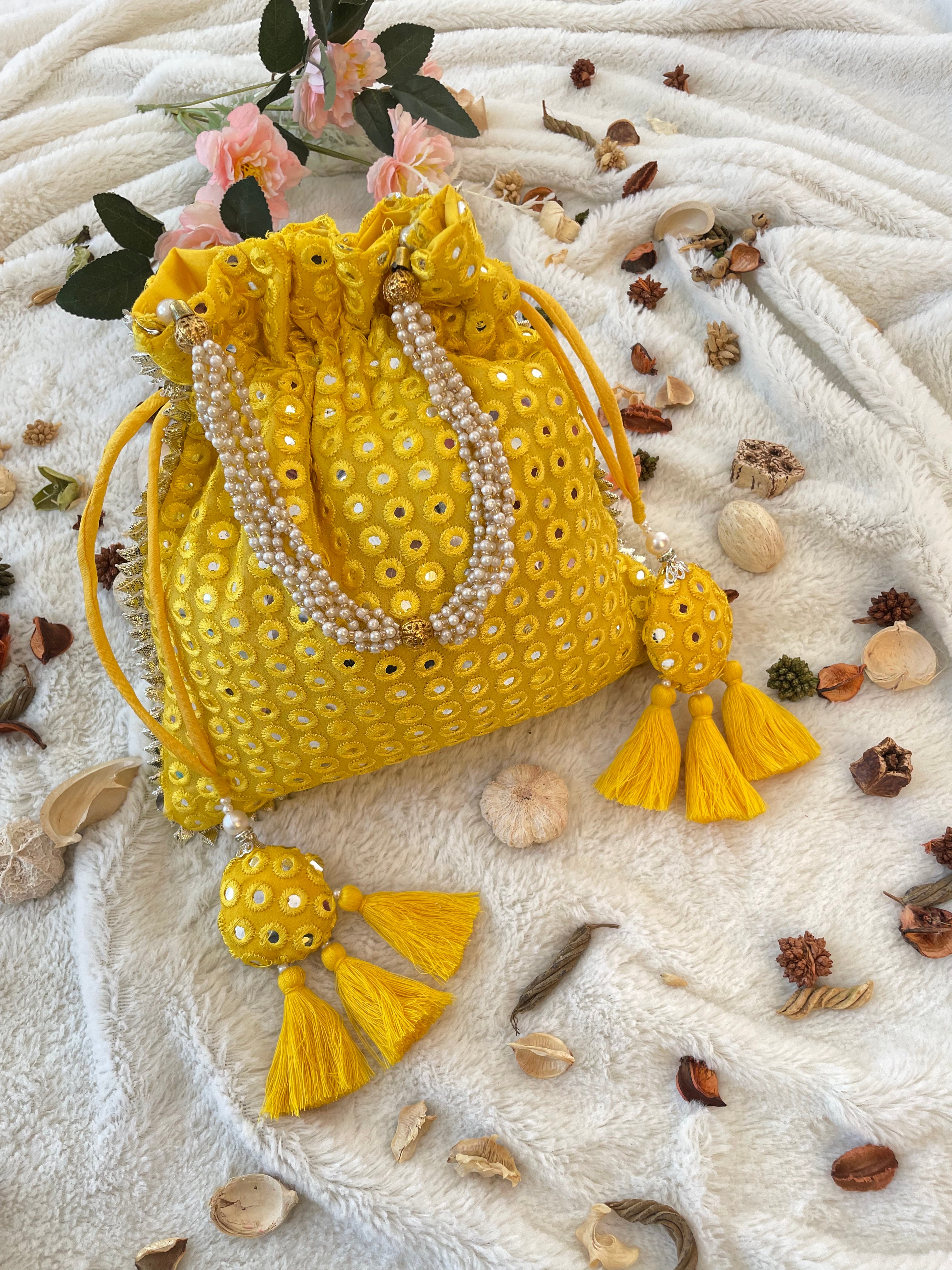 Yellow Mirrorwork Potli Bag