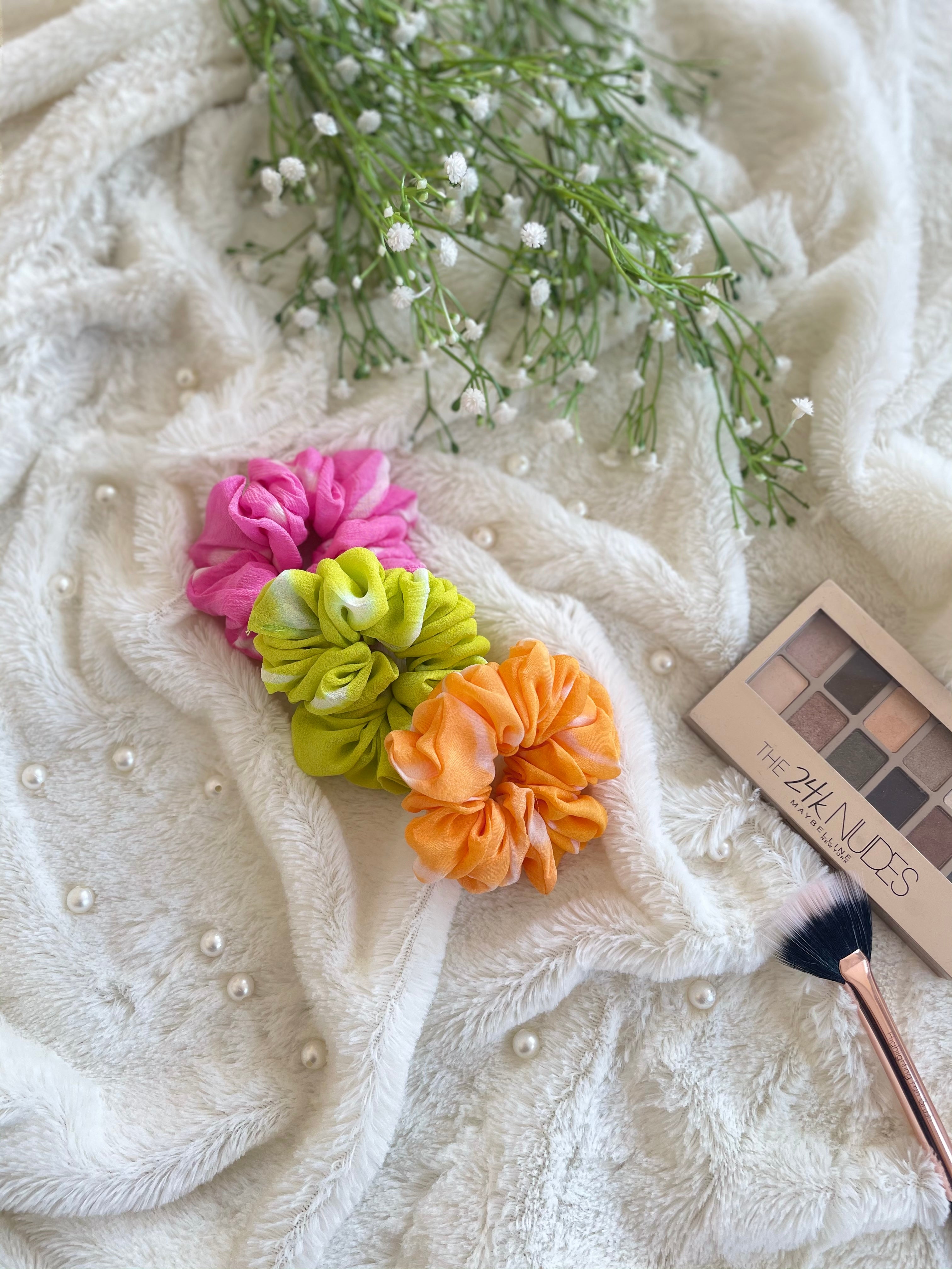 Colorful Leheriya Scrunchies Combo (Green-Pink-Mango Yellow)