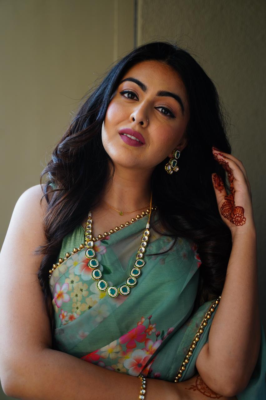 Shafaq Naaz Sage Green Floral Organza Saree