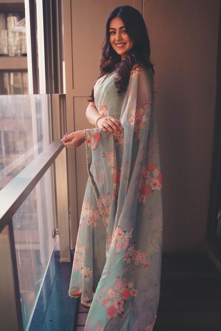 Shafaq Naaz Sage Green Floral Organza Saree