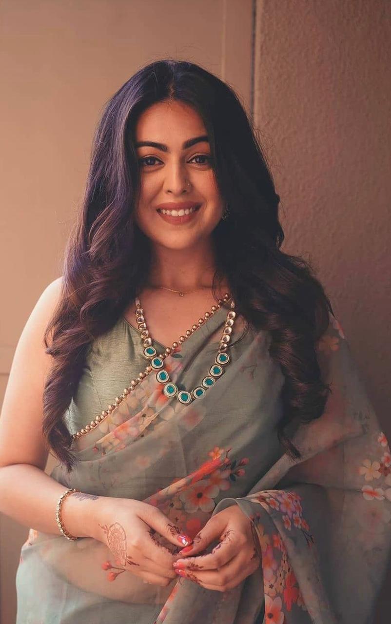 Shafaq Naaz Sage Green Floral Organza Saree