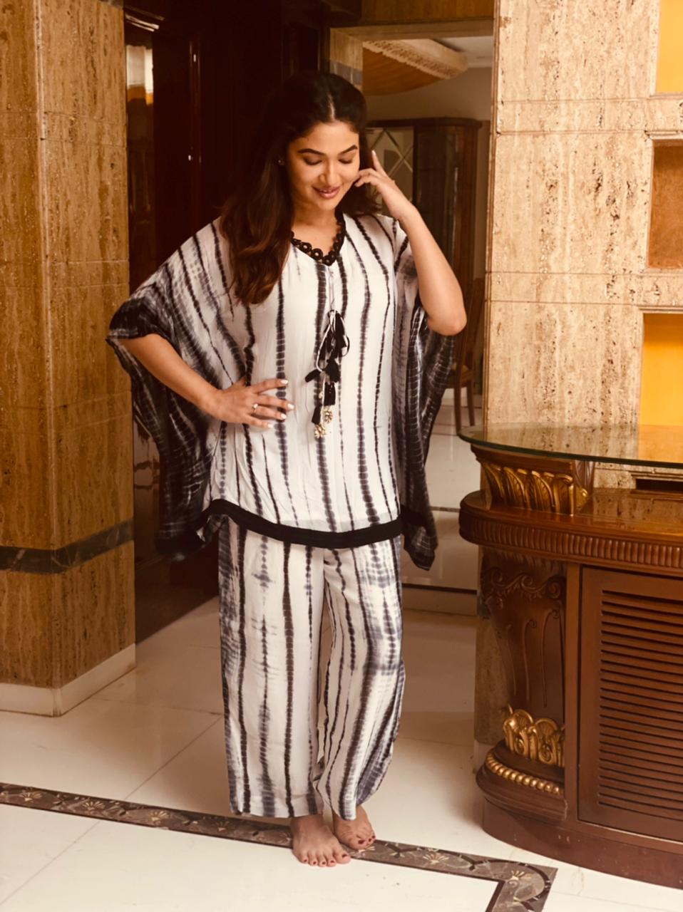 Rupali Ganguly Black & White Shibori Kaftan Co-ord Set
