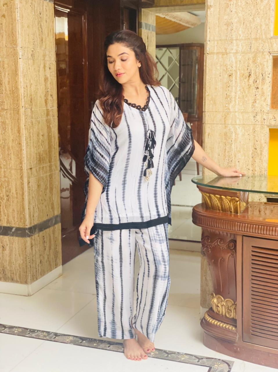 Rupali Ganguly Black & White Shibori Kaftan Co-ord Set
