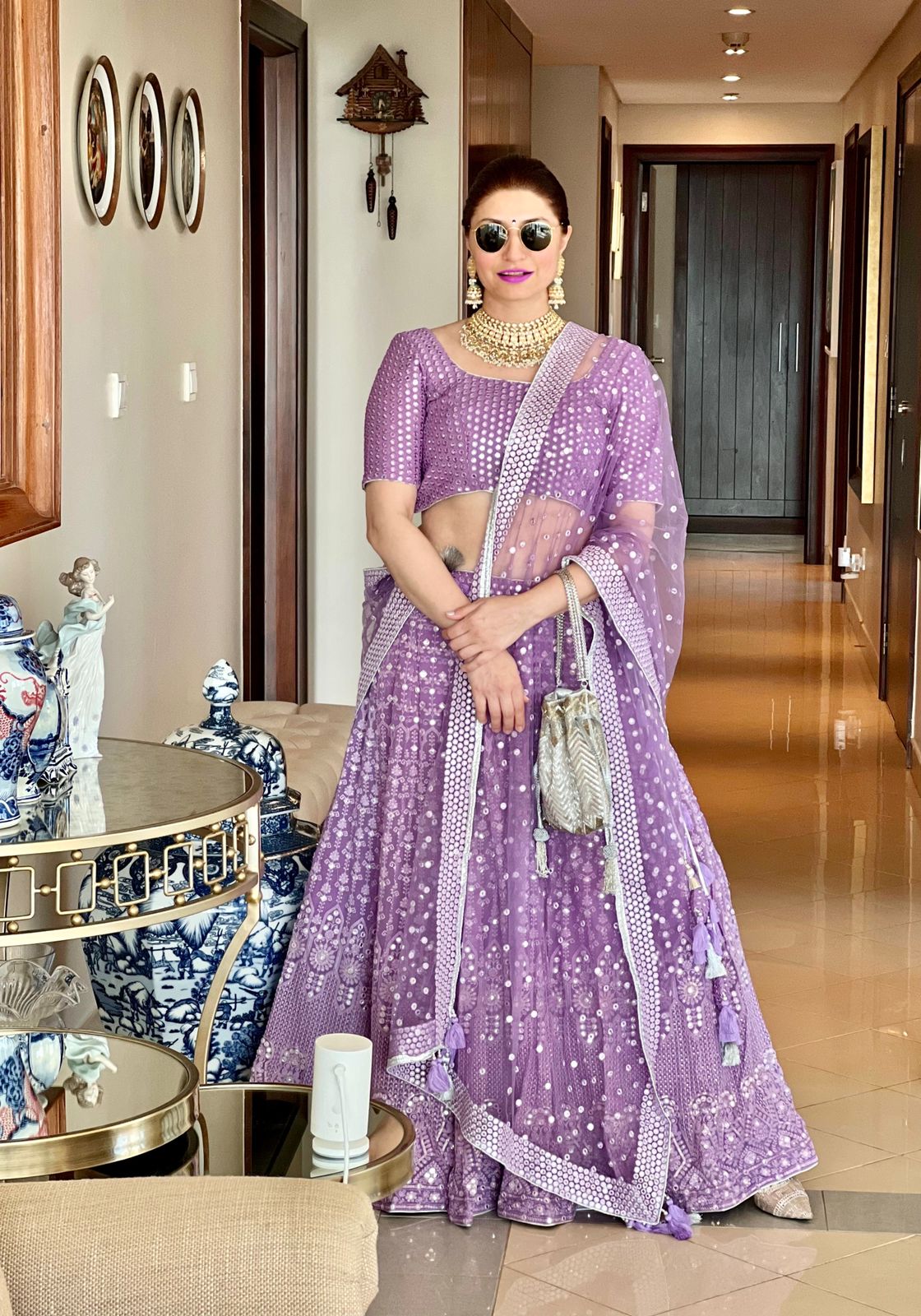 Shruti Sharma Lilac Mirror-work Lehenga