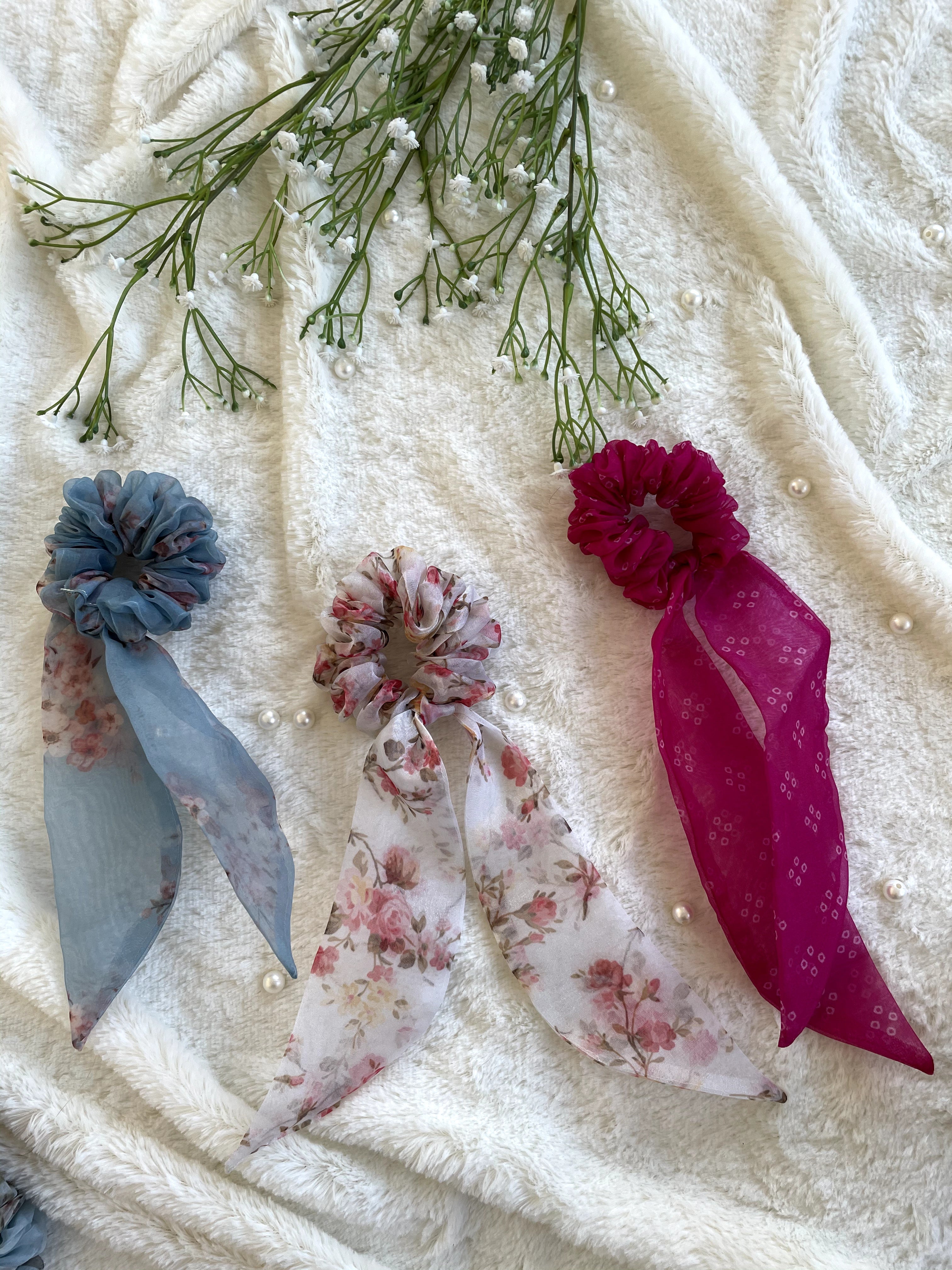 Organza Scarf Scrunchies Combo (Hot Pink, White, Blue)