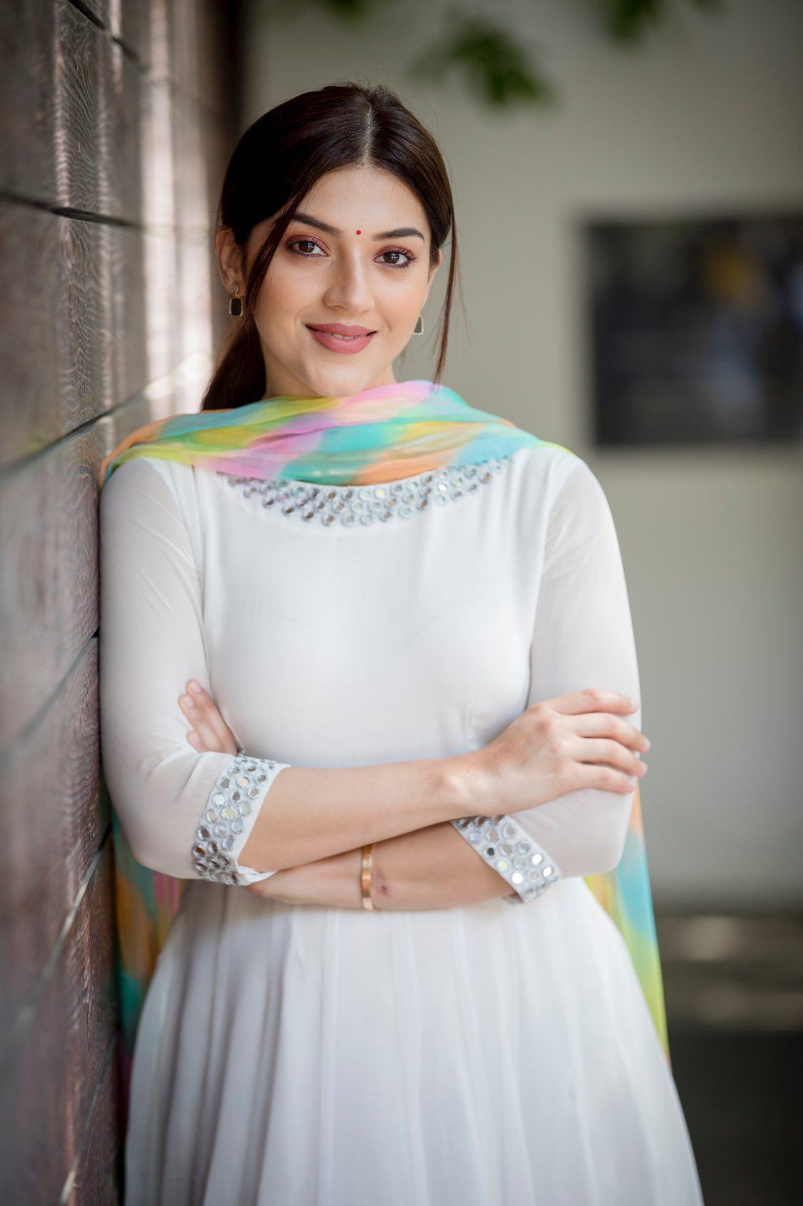 Rashmi Desai White Mirrorwork Anarkali with Leheriya Dupatta