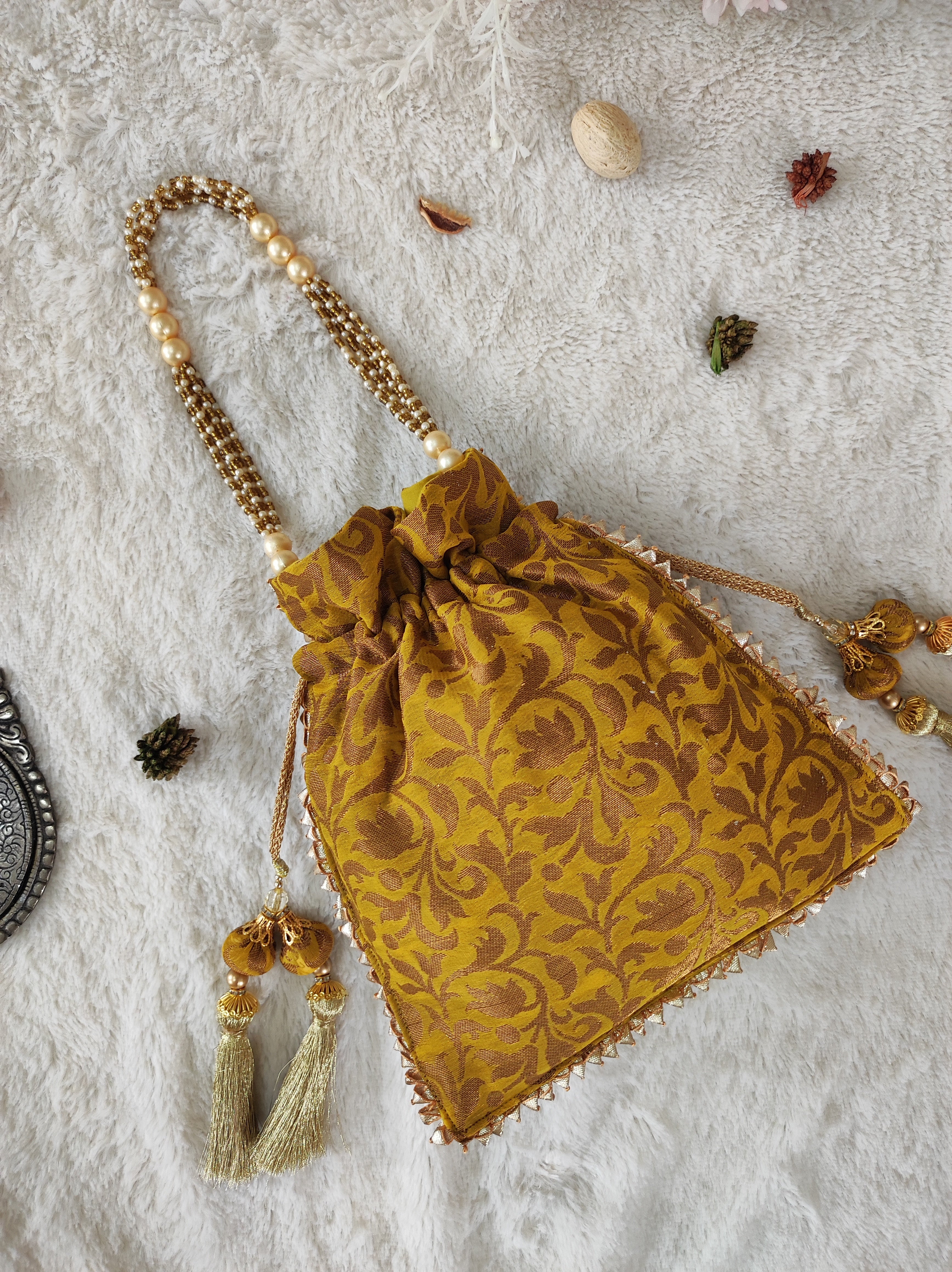 Mustard Banarasi Georgette Potli Bag