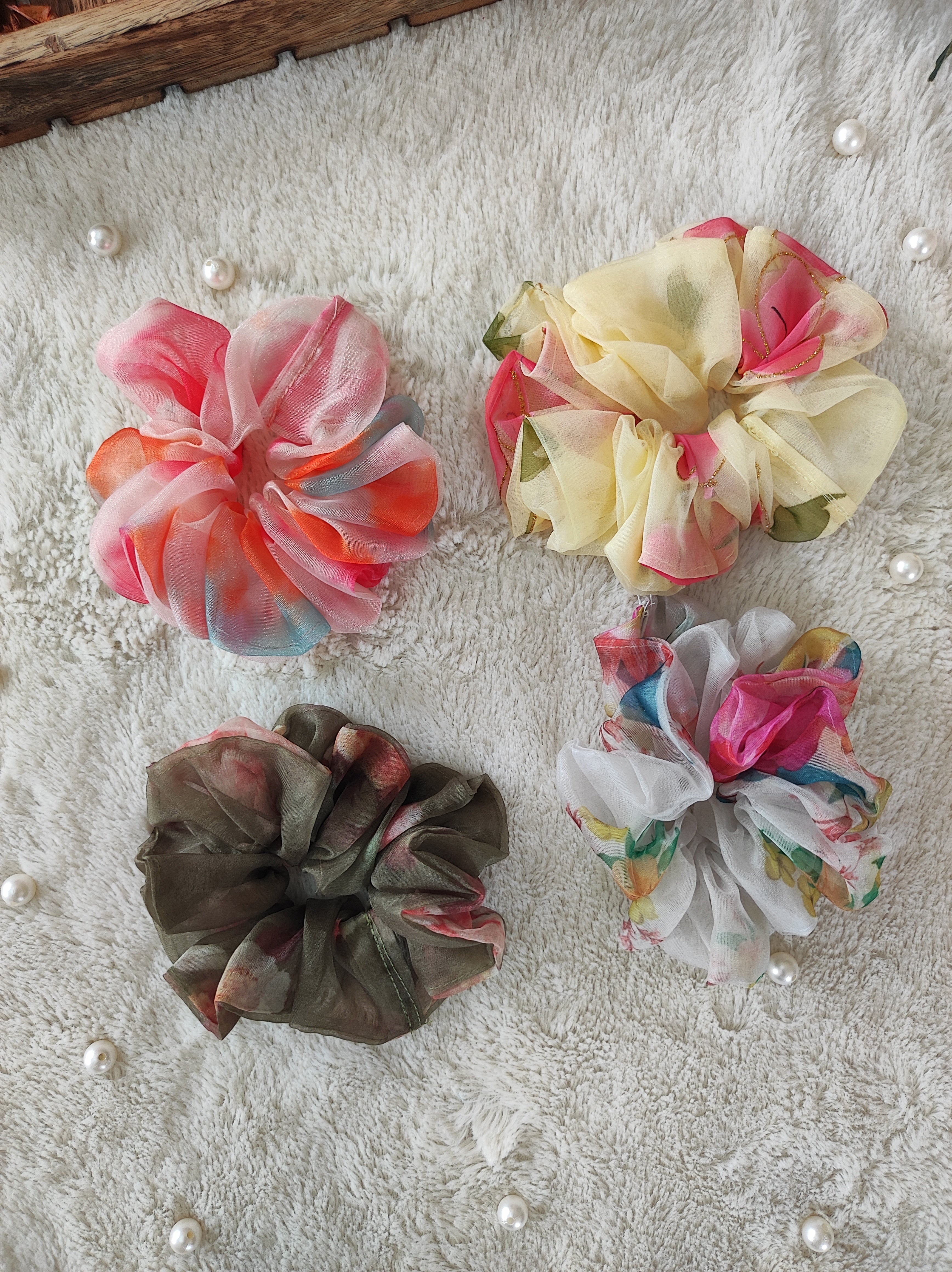 Giant Organza Scrunchie Combo (Off-White,Yellow Handprint ,Olive Green, Color Splash)