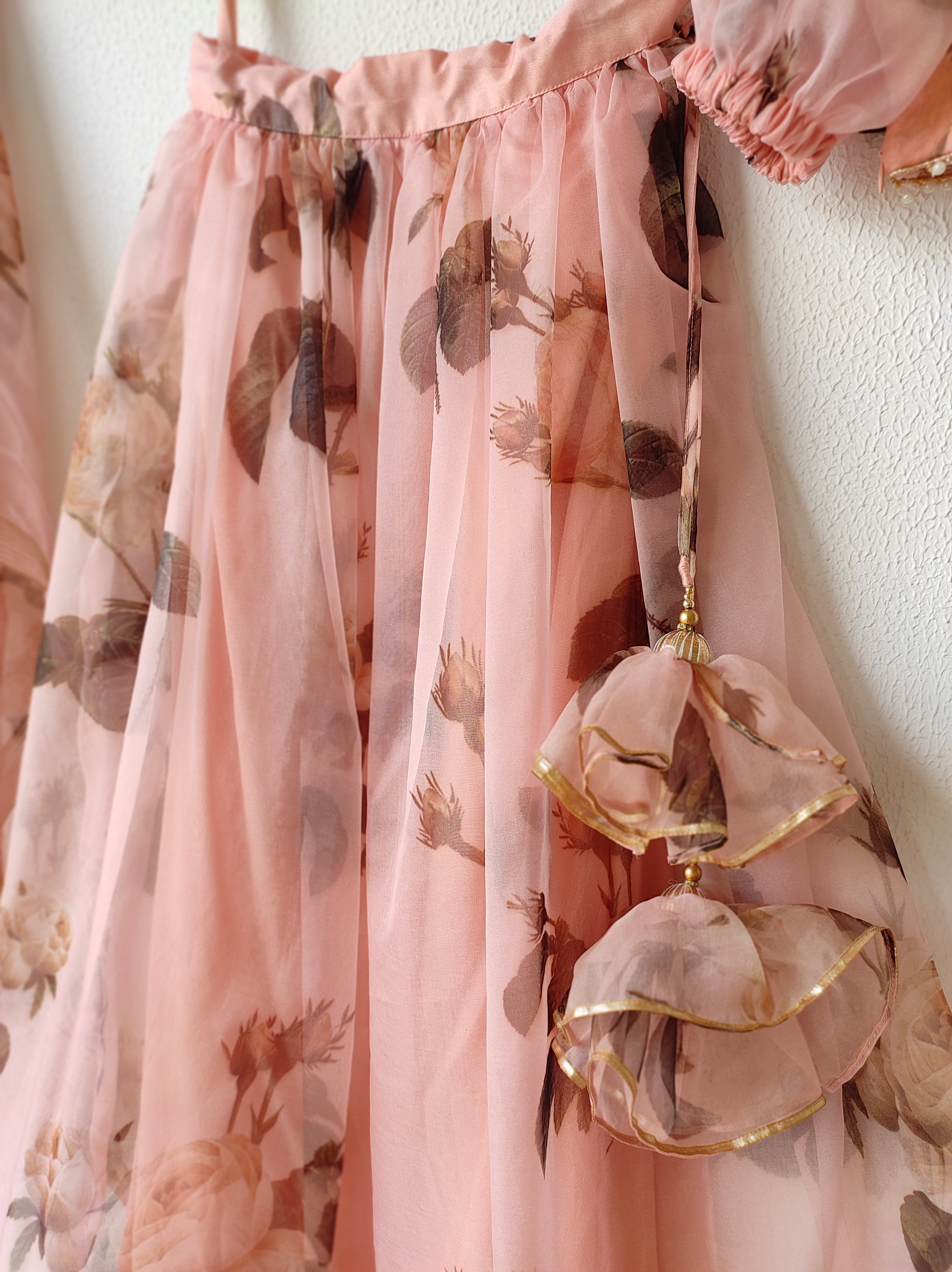 Peach Floral Organza Kids Lehenga
