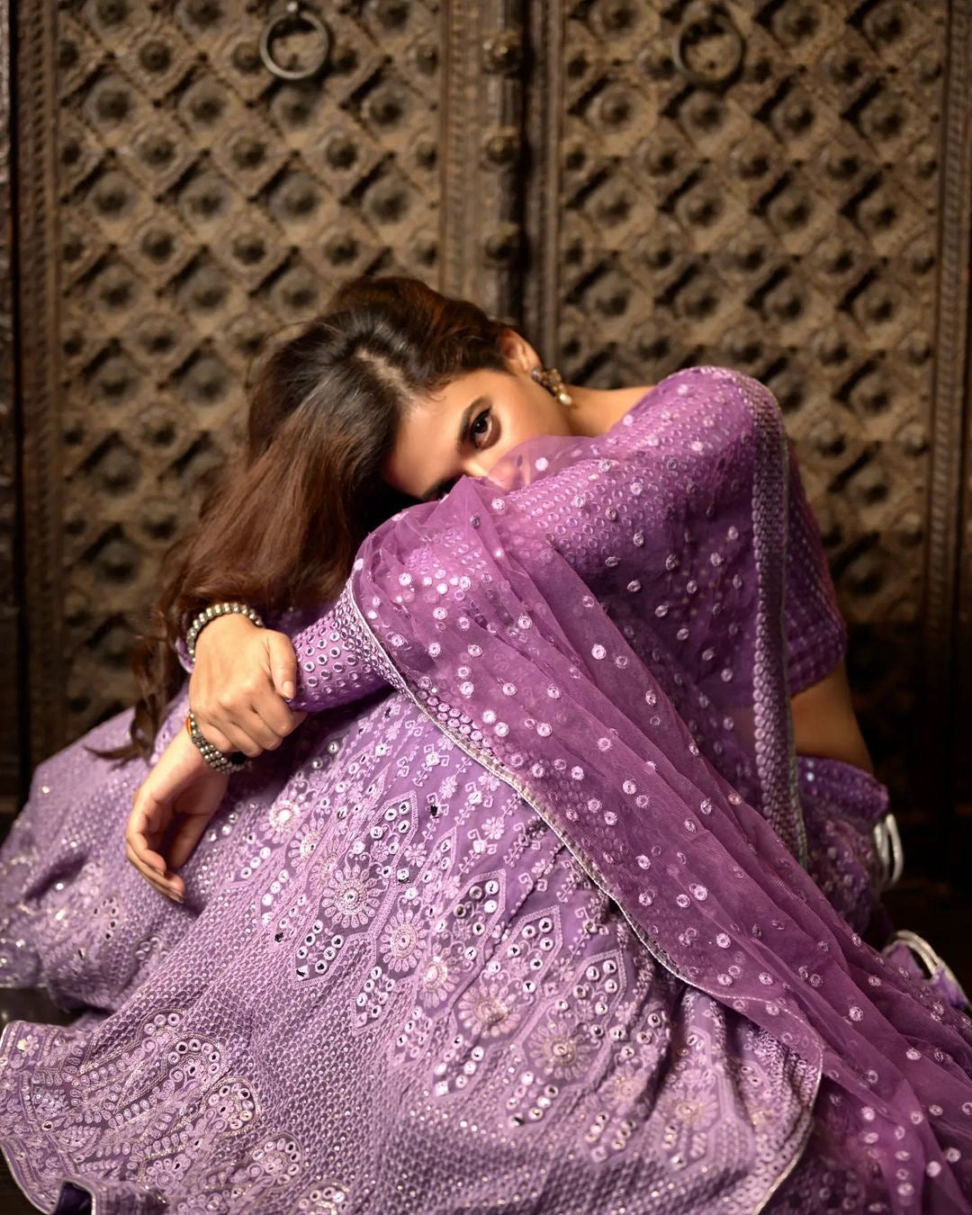 Shruti Sharma Lilac Mirror-work Lehenga