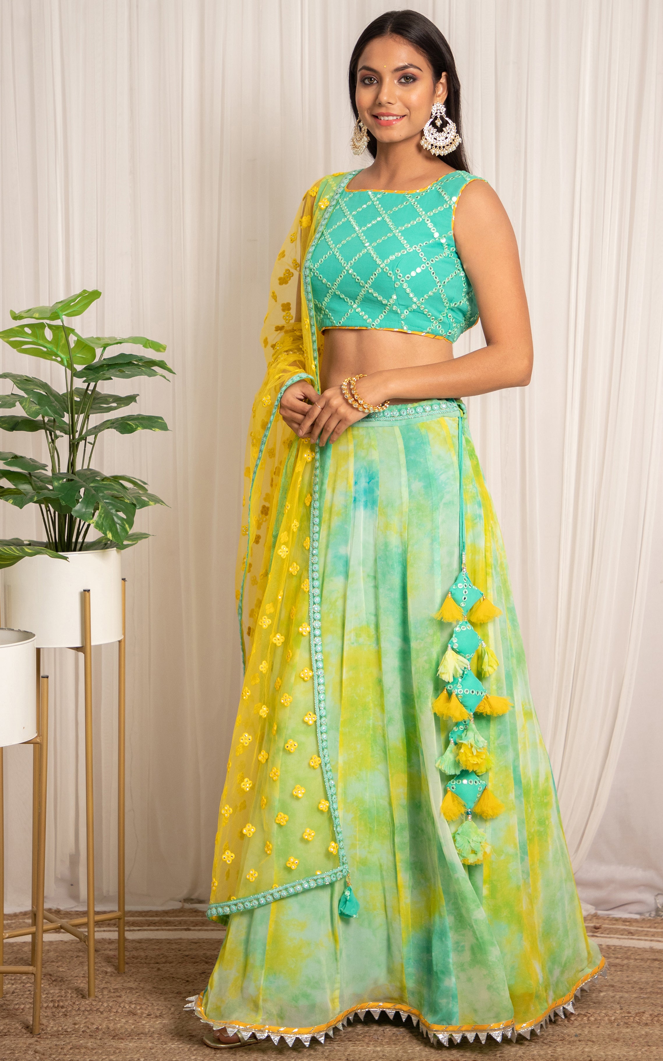 Mint Blue Shibori Georgette Lehenga with Mirrorwork Dupatta