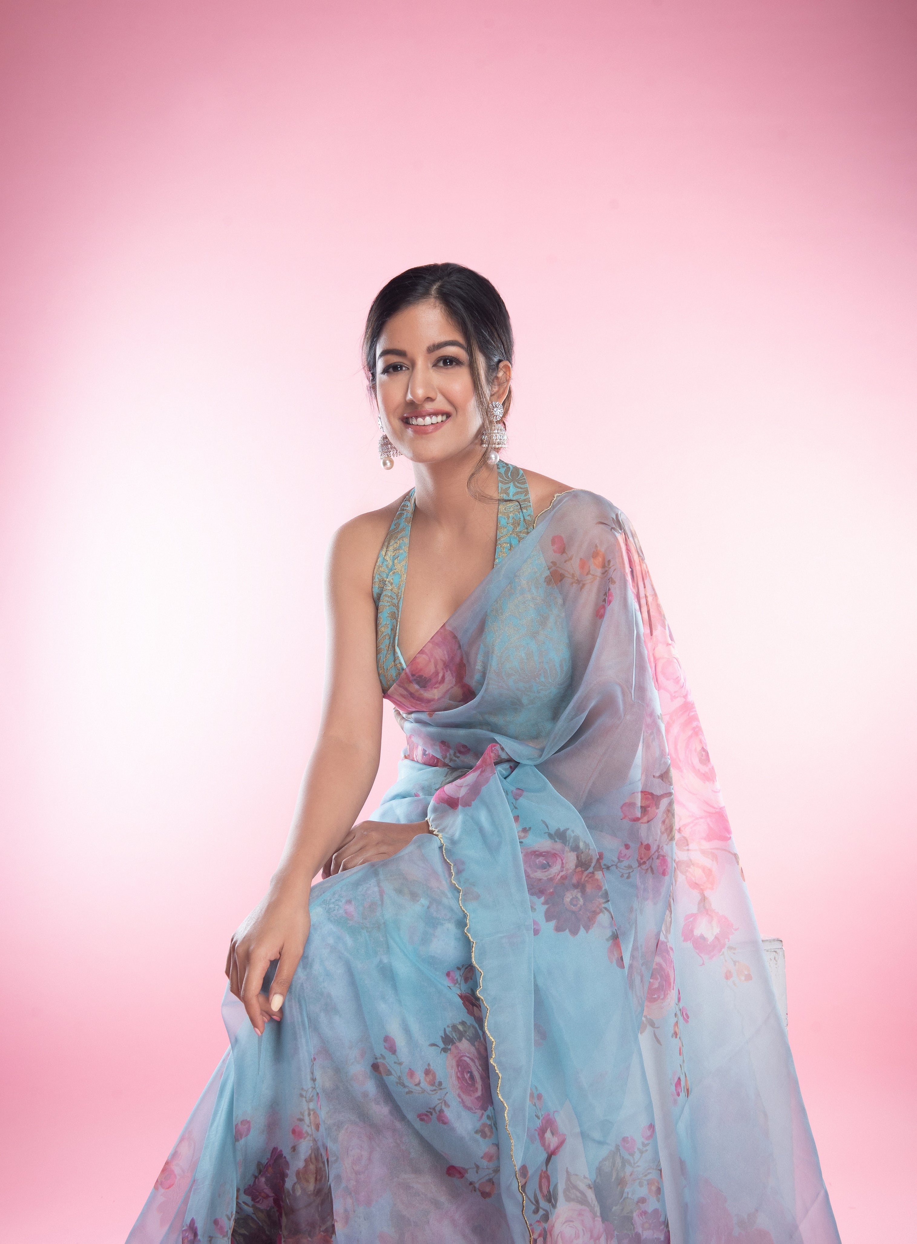 Ishita Dutta Sky Blue Floral Organza Saree