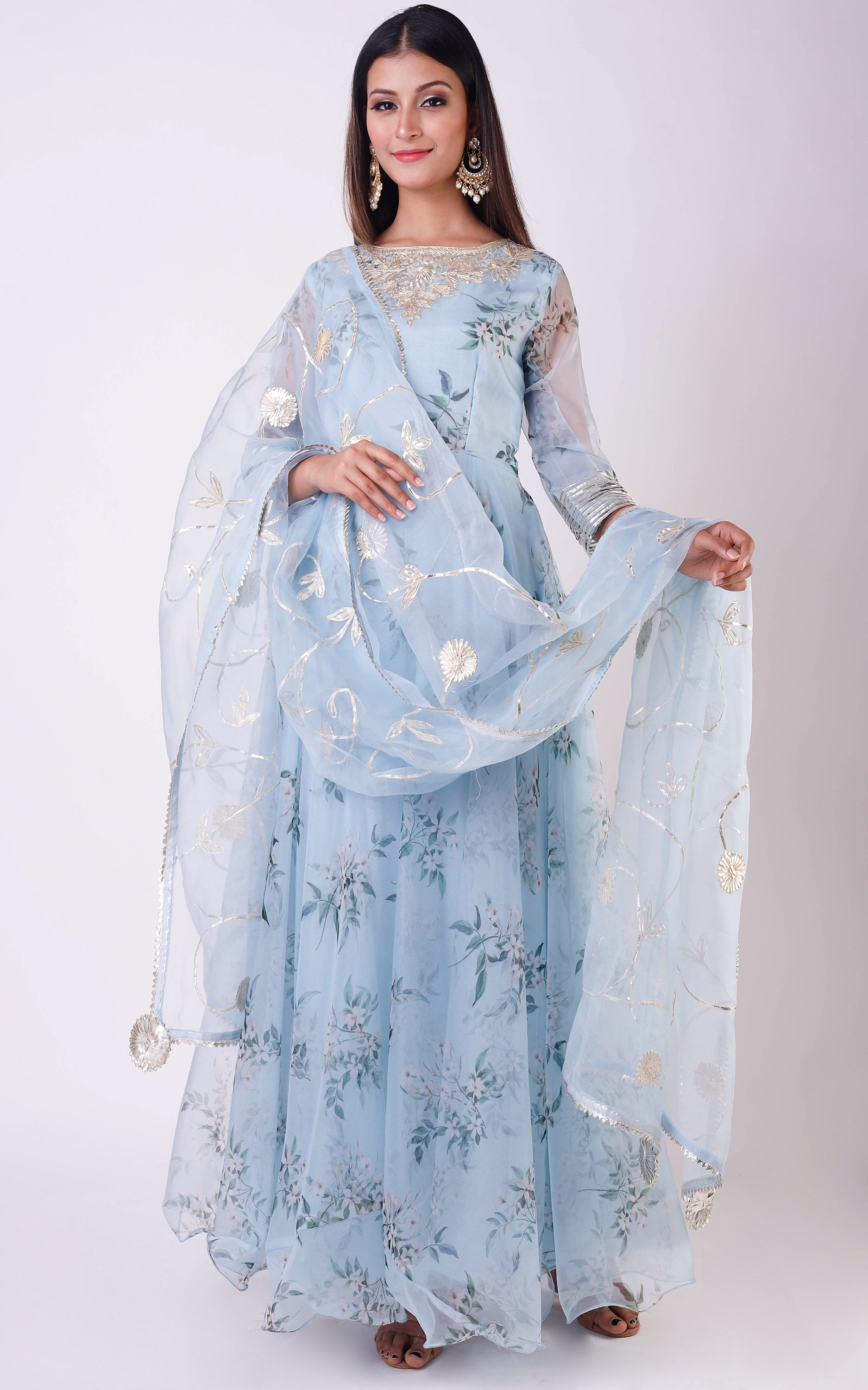Buy Powder Blue Printed Organza Anarkali with Gota Work Online at LabelKanupriya.
