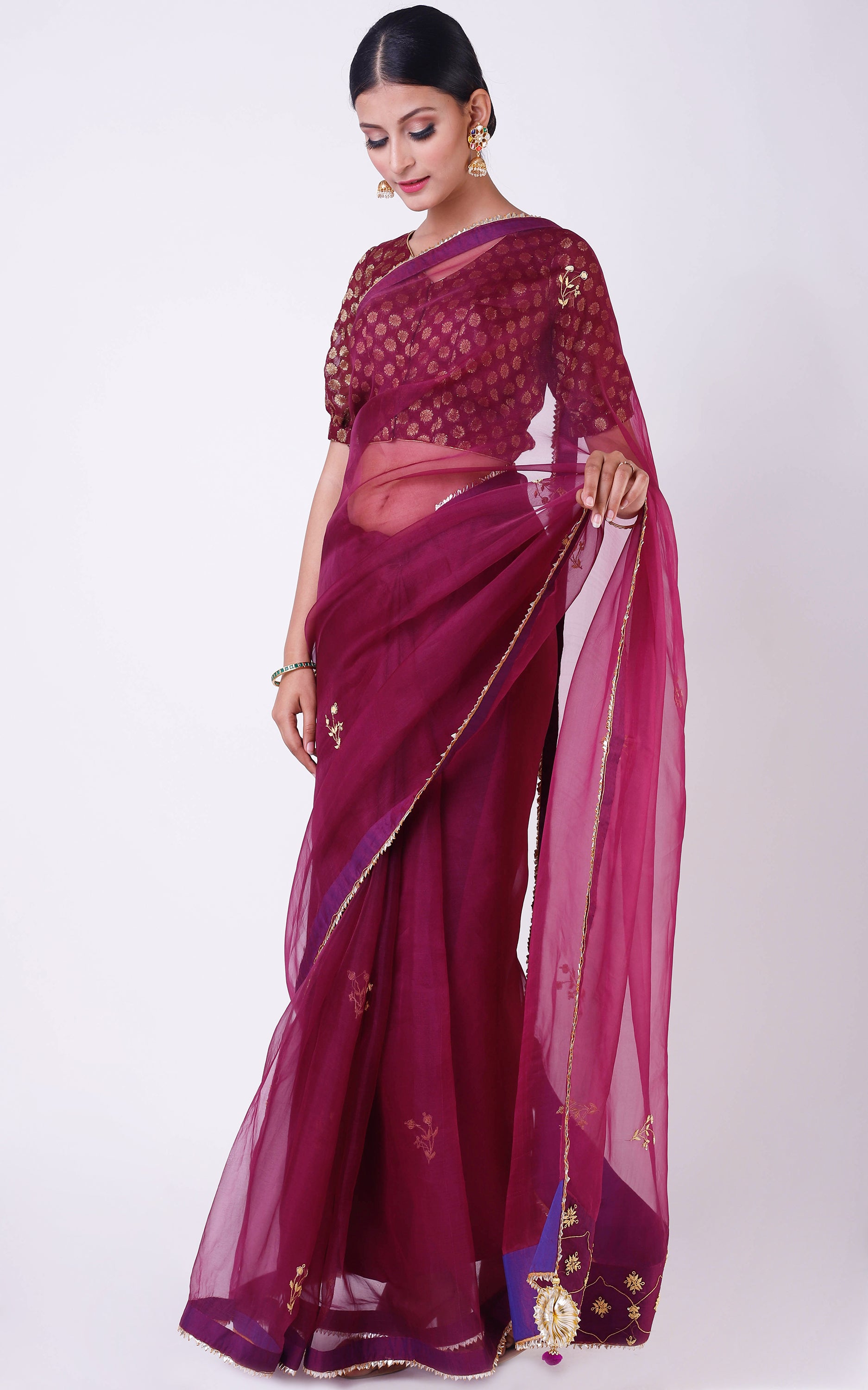 Buy Wine Organza Handwork Saree Online at LabelKanupriya.