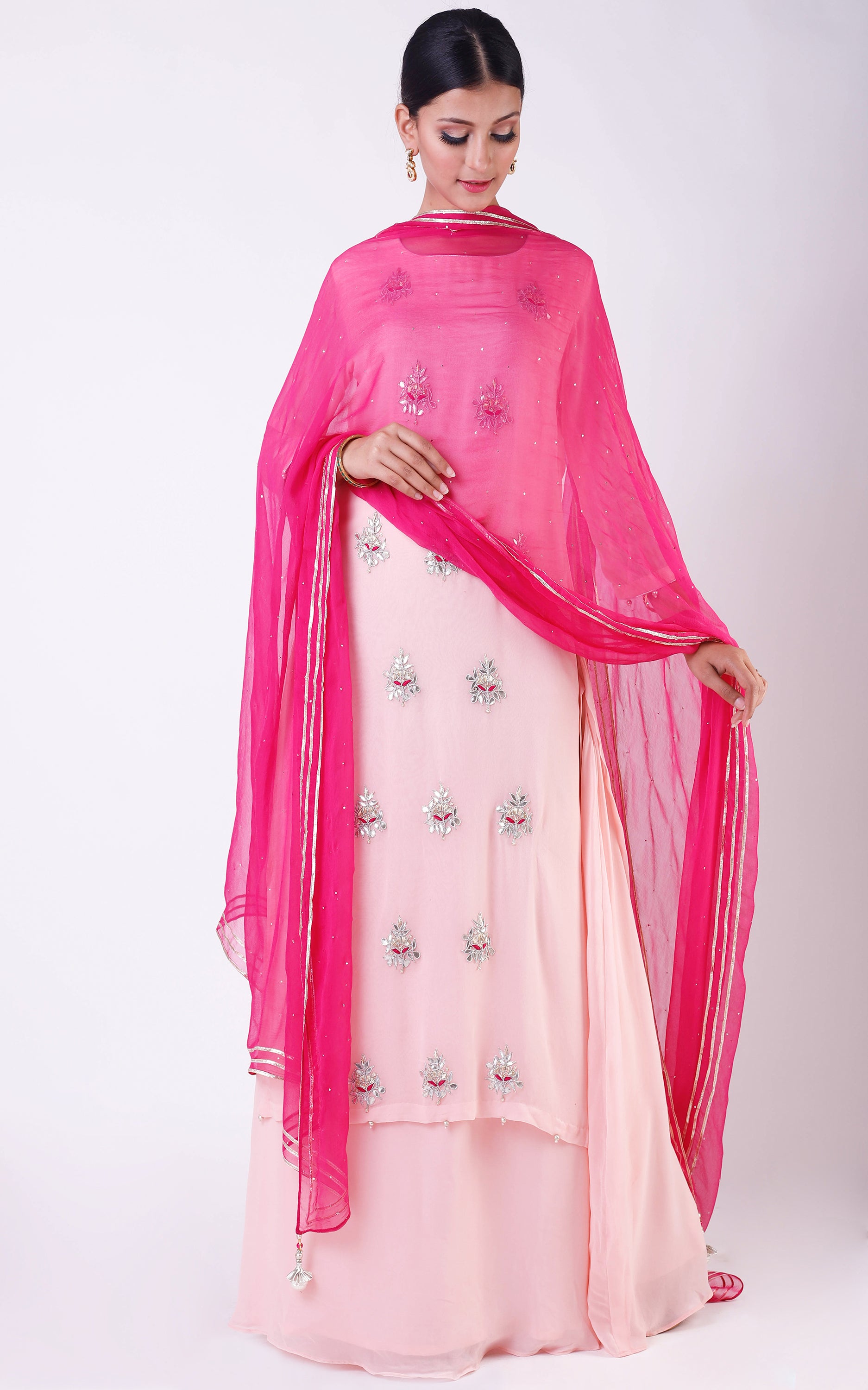 Buy Powder Pink Gota Patti Double Layer Dress with Mukaish Dupatta Online at LabelKanupriya.