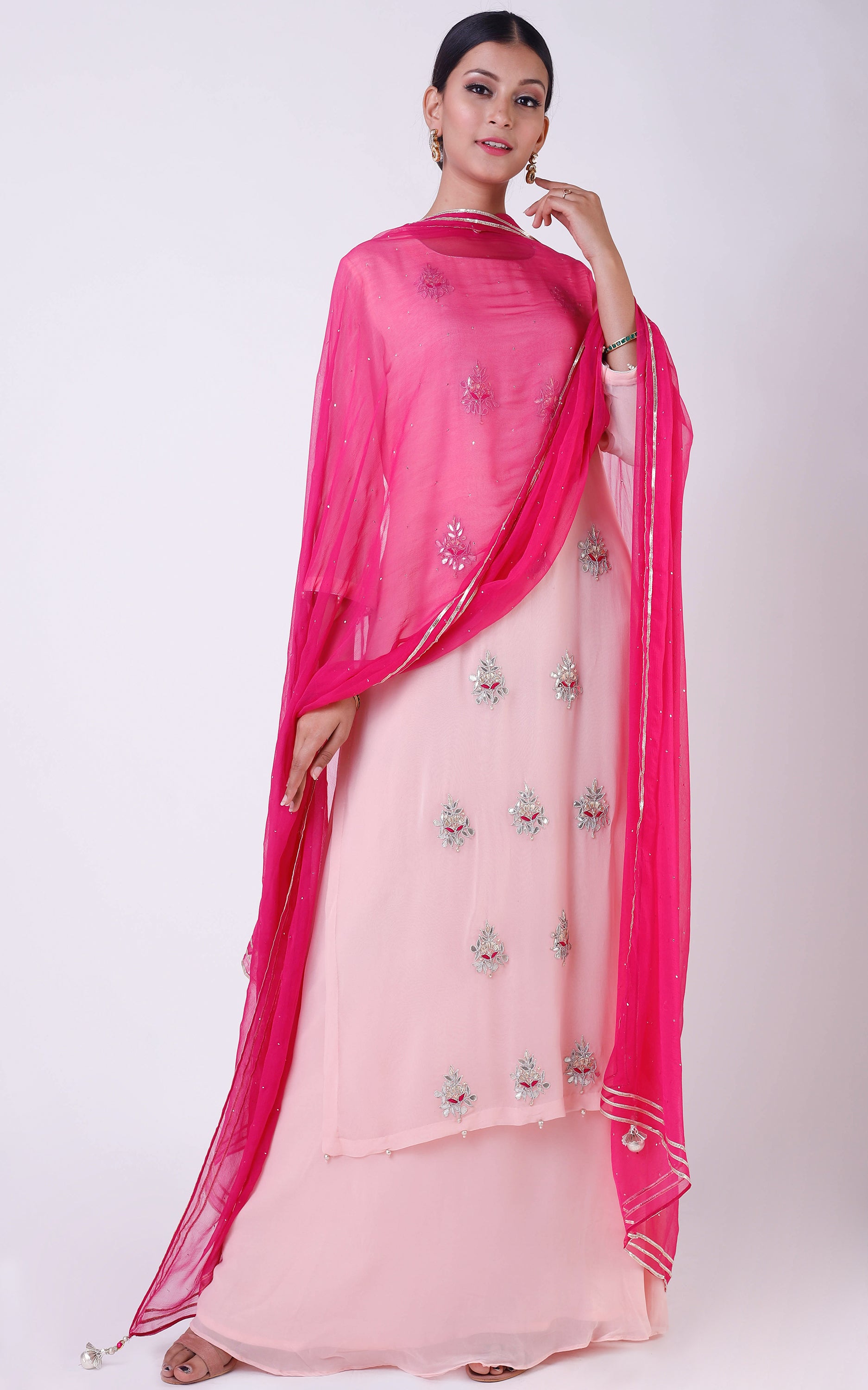 Buy Powder Pink Gota Patti Double Layer Dress with Mukaish Dupatta Online at LabelKanupriya.