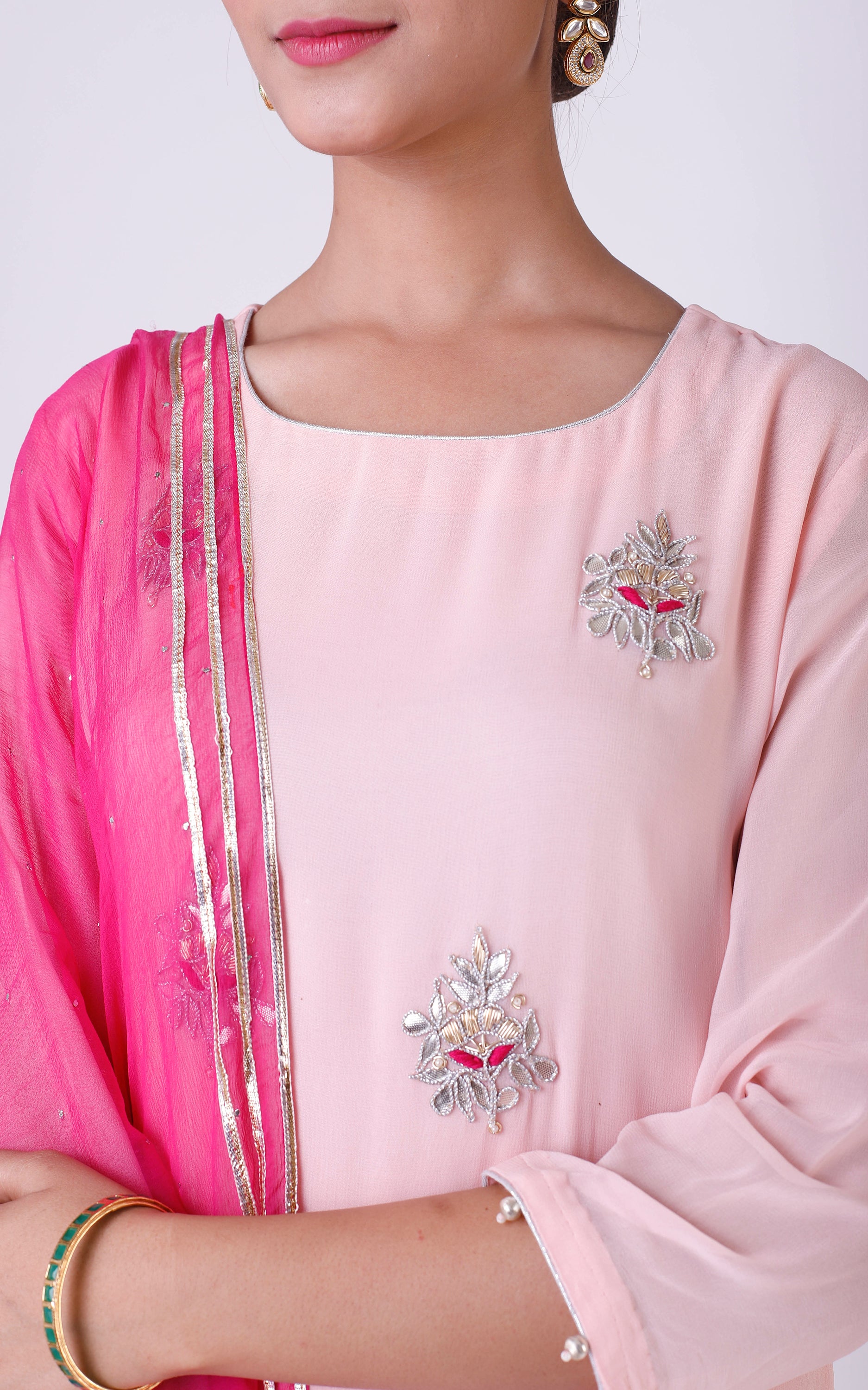 Buy Powder Pink Gota Patti Double Layer Dress with Mukaish Dupatta Online at LabelKanupriya.