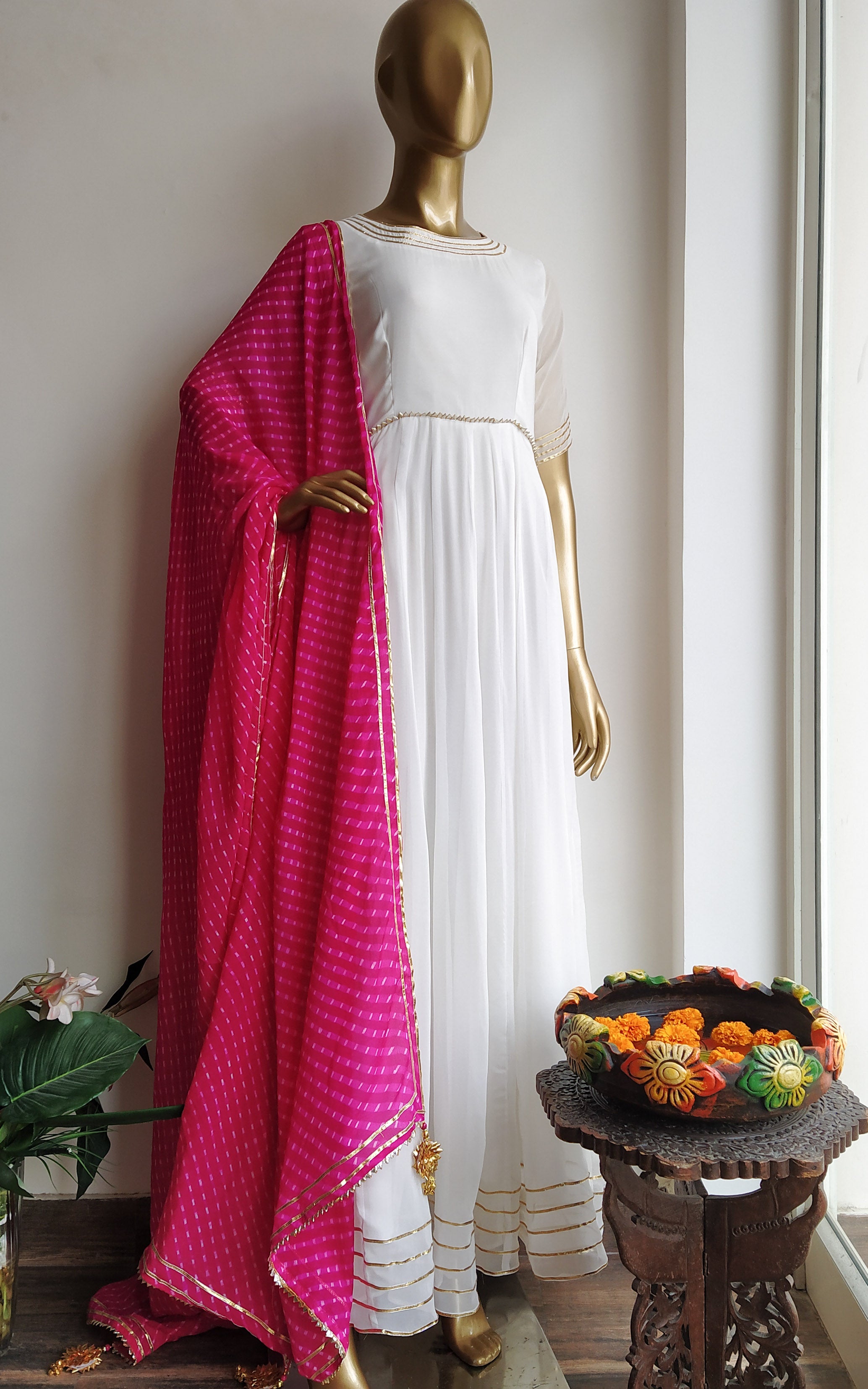 White Gota Work Anarkali with Pink 'Mothra Leheriya' Dupatta