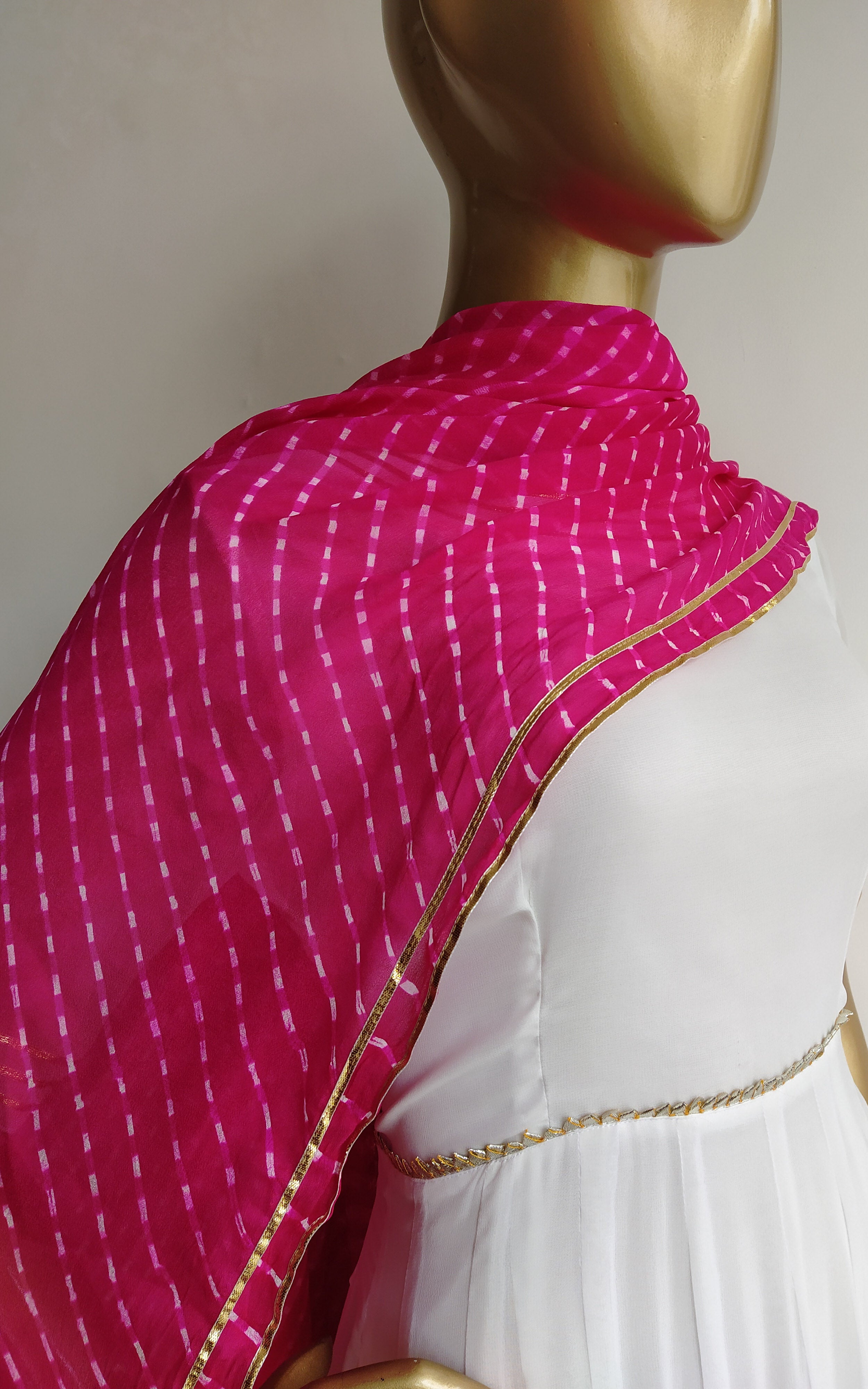 White Gota Work Anarkali with Pink 'Mothra Leheriya' Dupatta