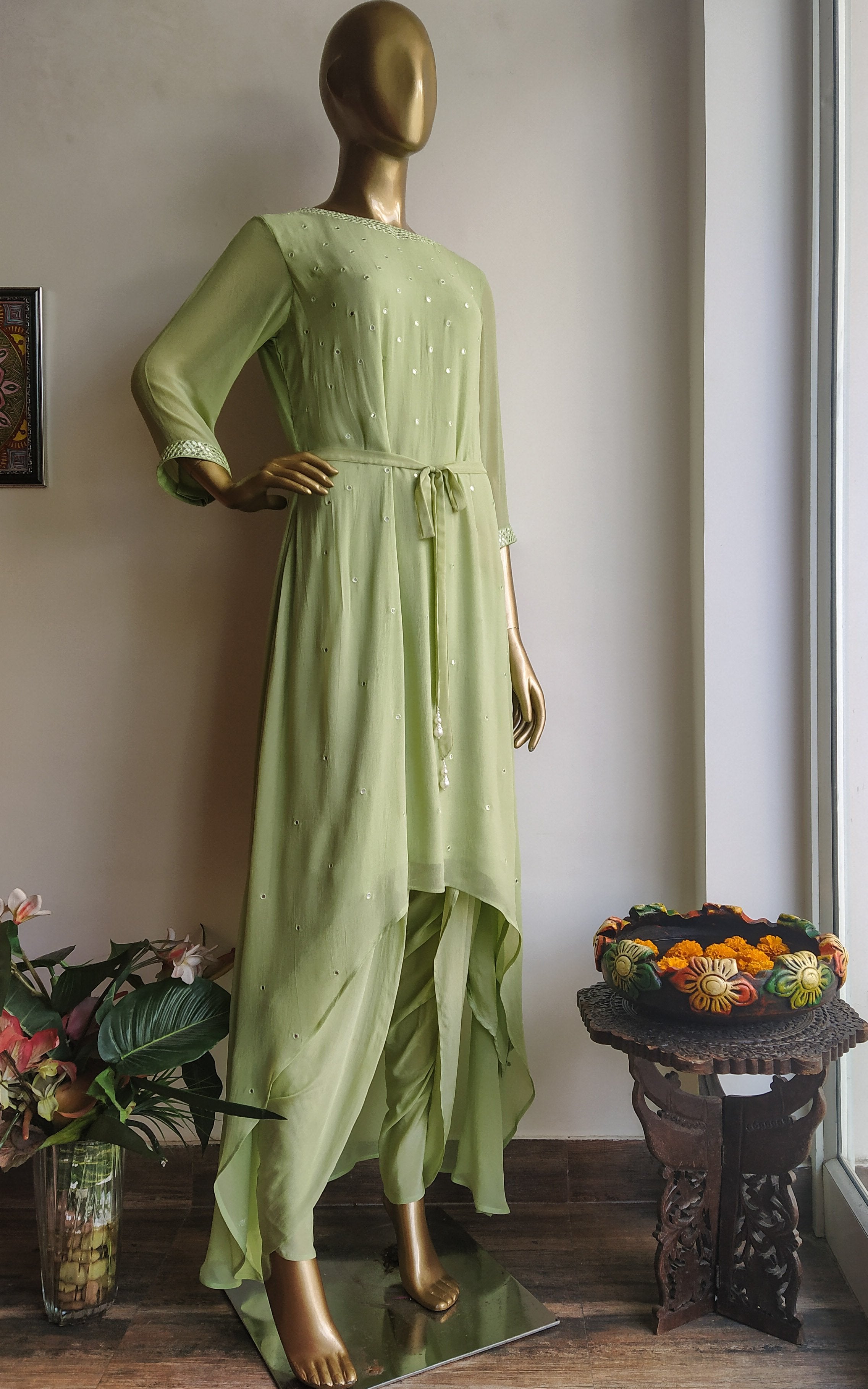 Pastel Green Mirrorwork Long Kurti with Dhoti Pants