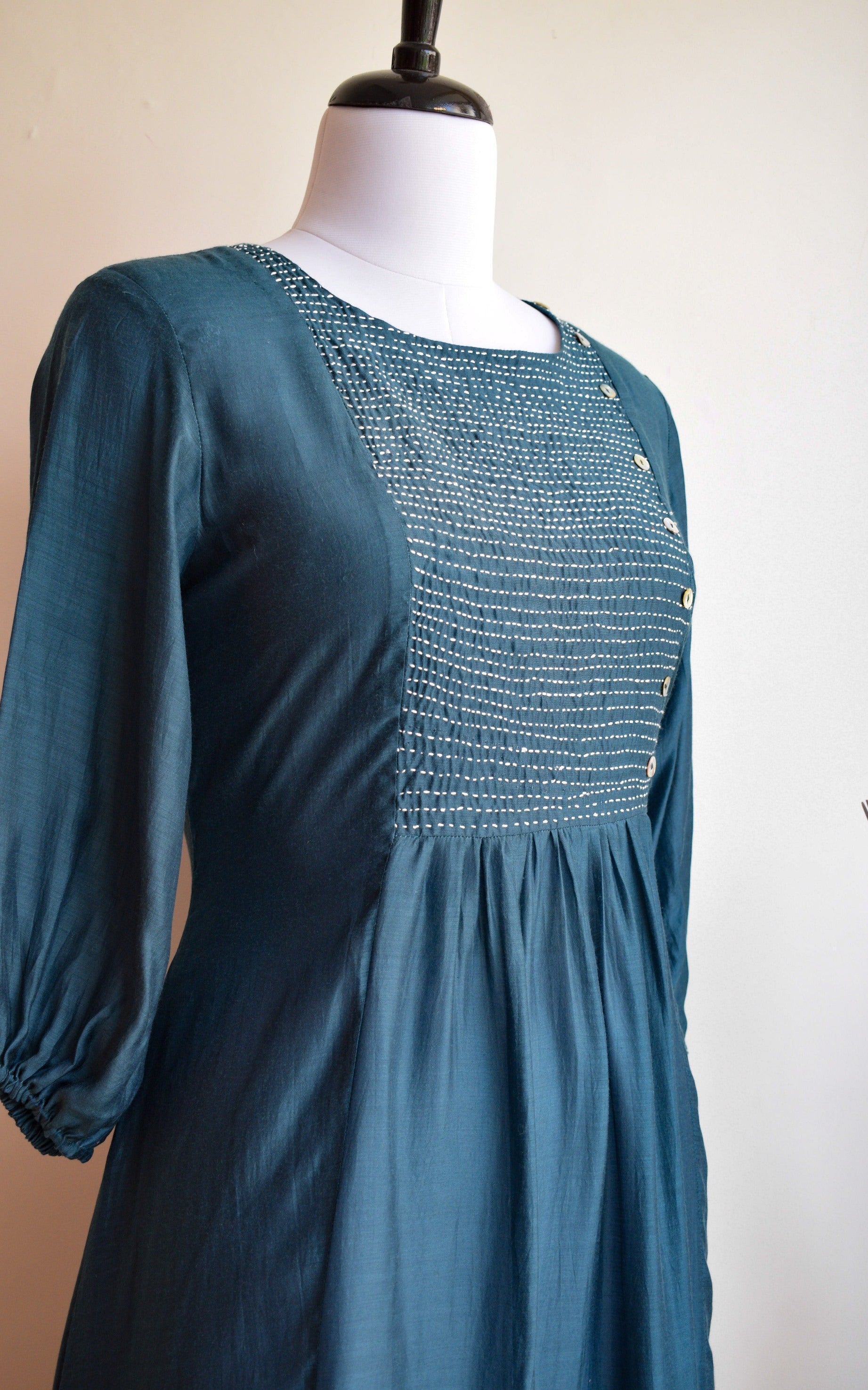 Teal Blue Cotton Silk Kantha-work Tunic