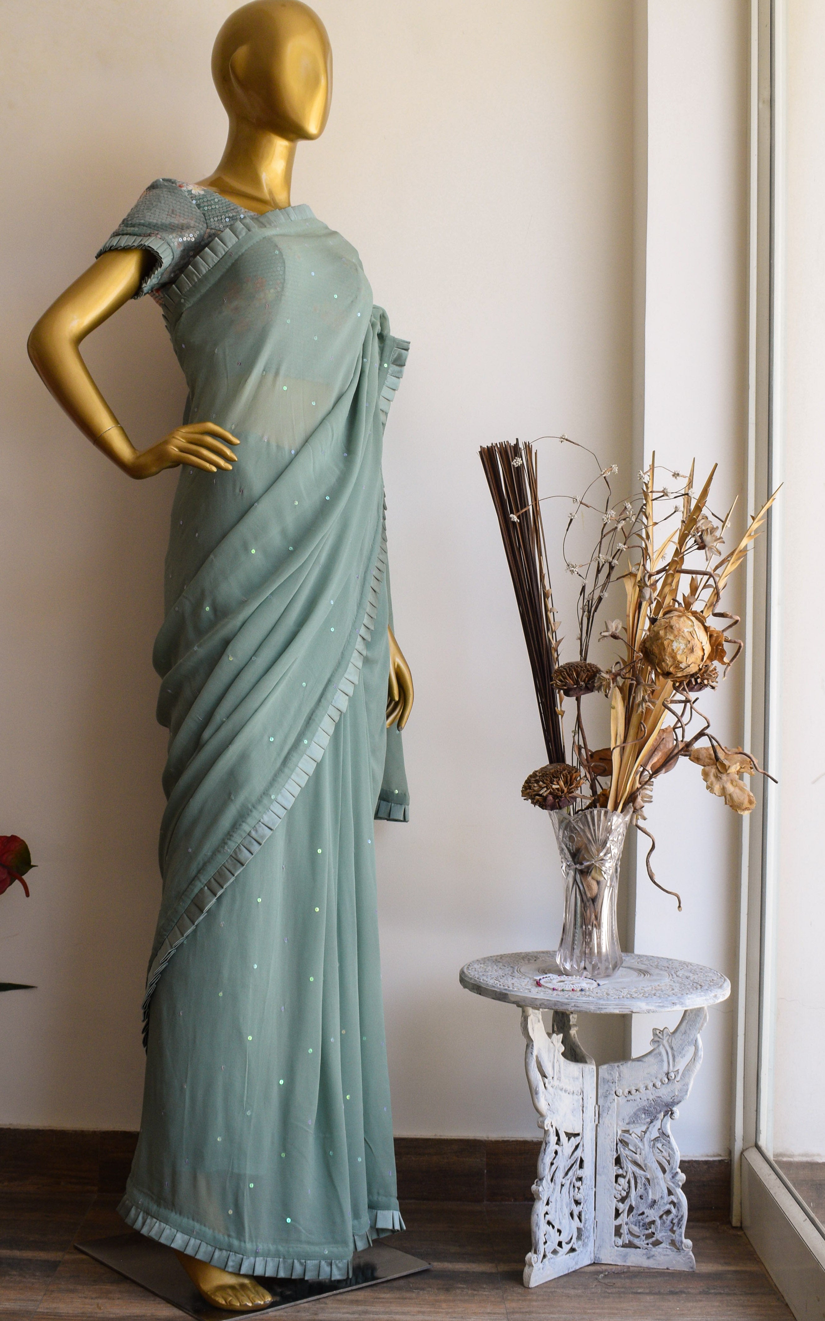 Sage Green Georgette Saree with Floral Sequinned Blouse