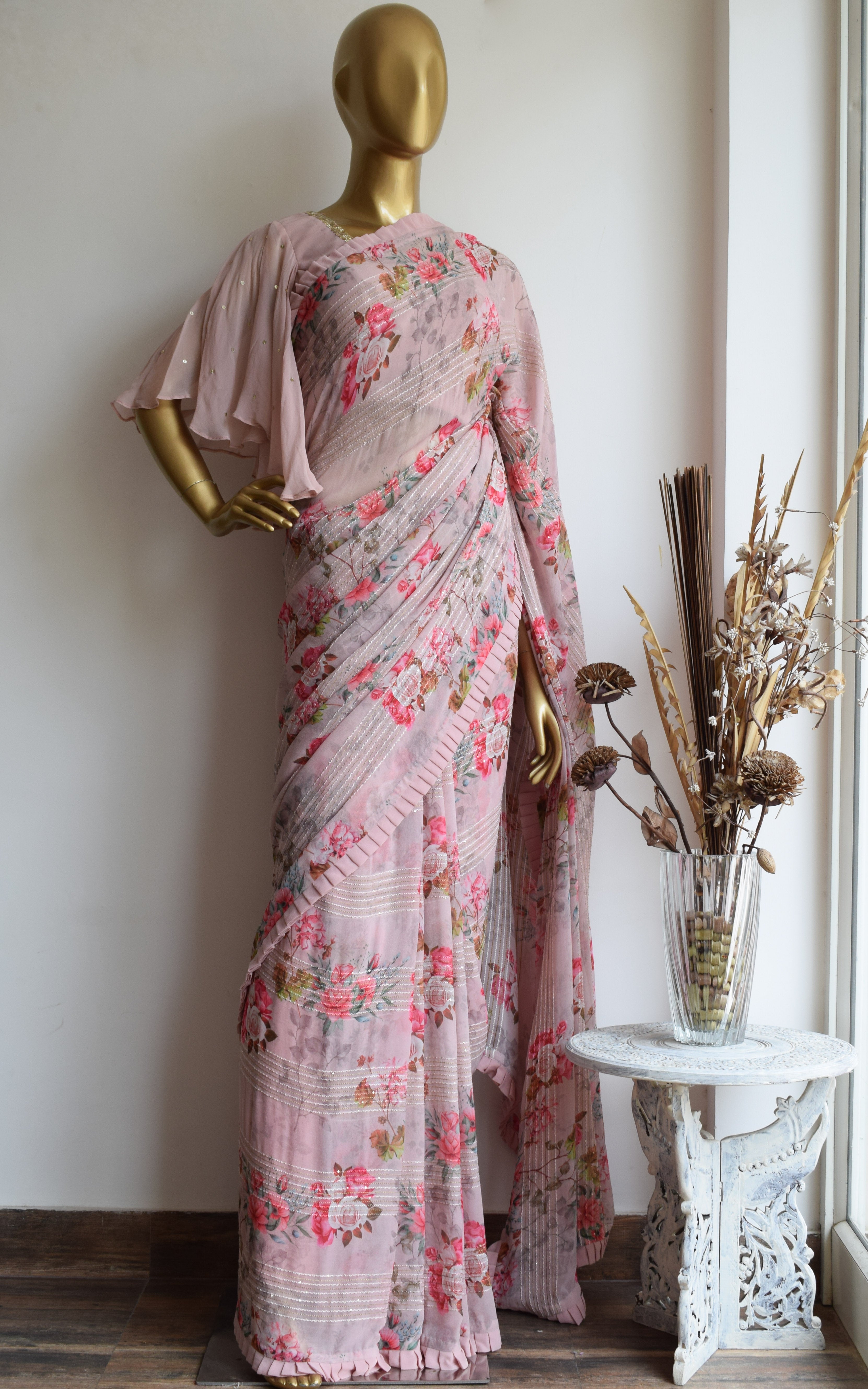 Tina Dutta Carnation Pink Floral Printed Georgette Saree