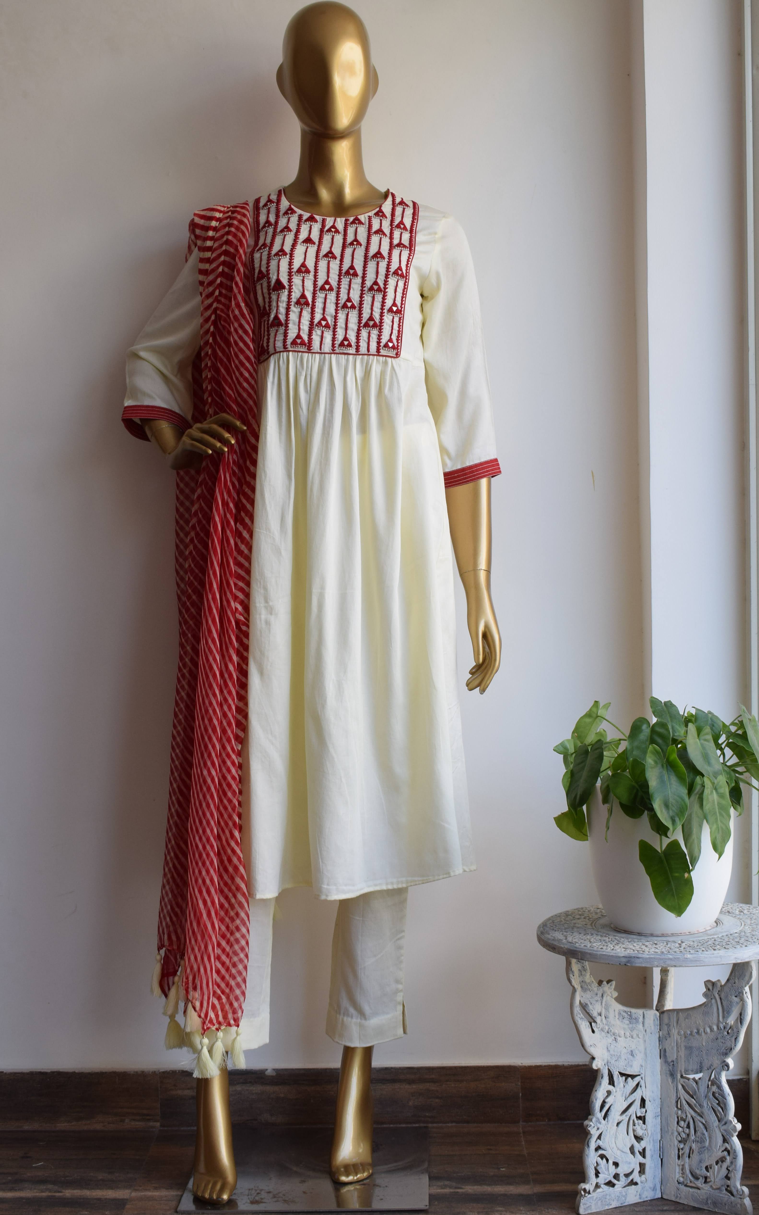 Cream Mirror-work Cotton Silk Kurta Set with Red Leheriya Dupatta
