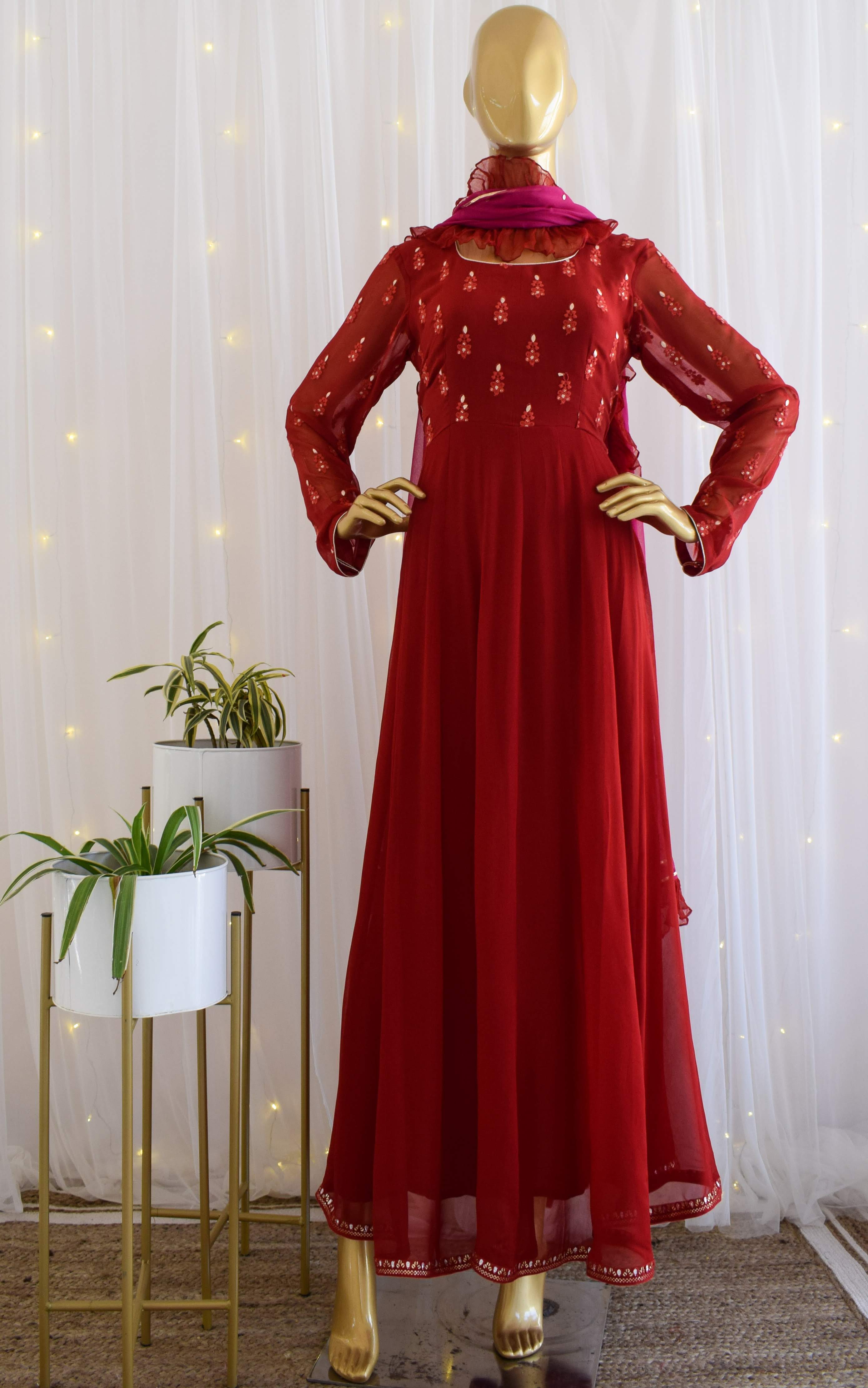 Red Chikankari Anarkali with Ruffle Chiffon Dupatta