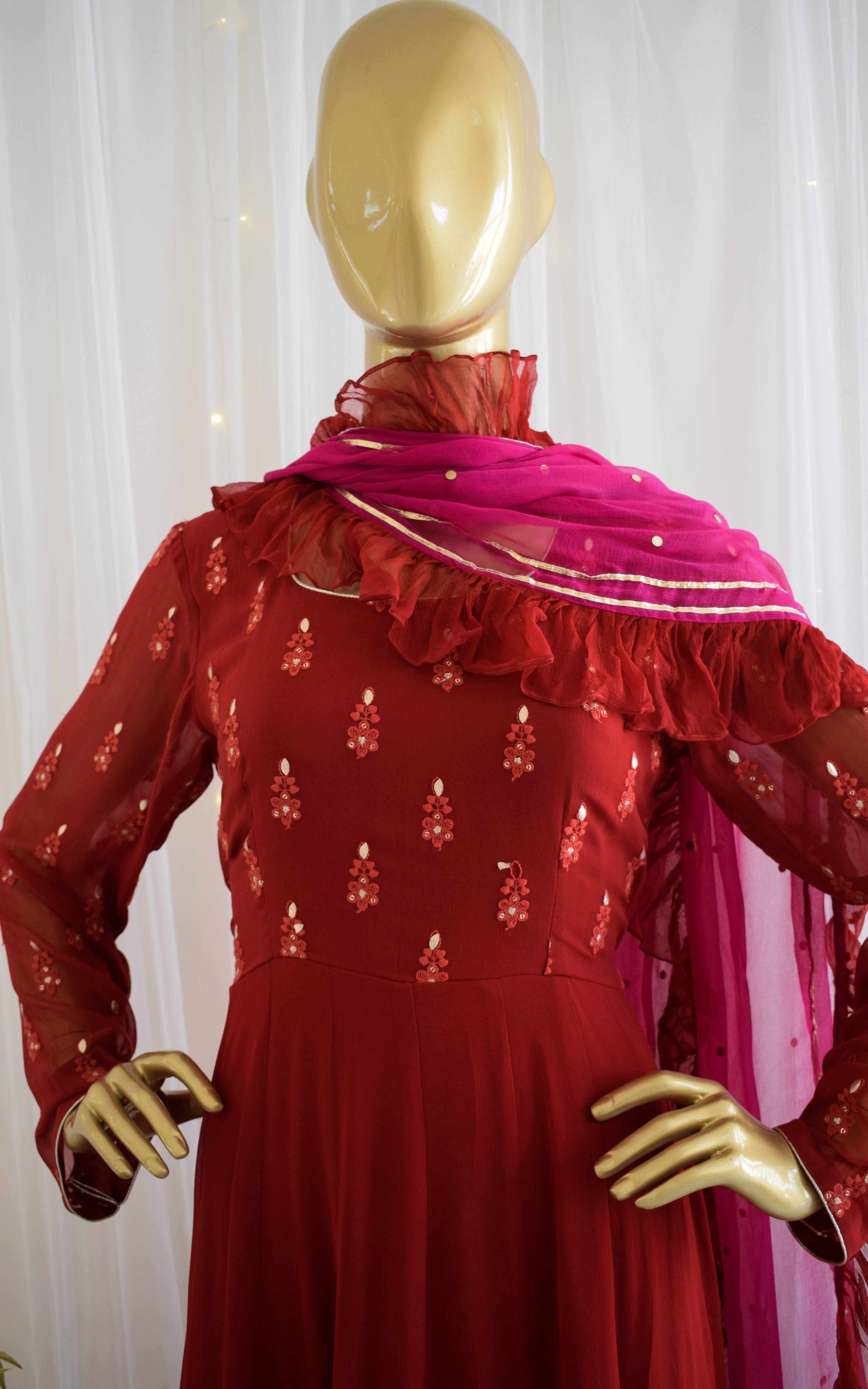 Red Chikankari Anarkali with Ruffle Chiffon Dupatta