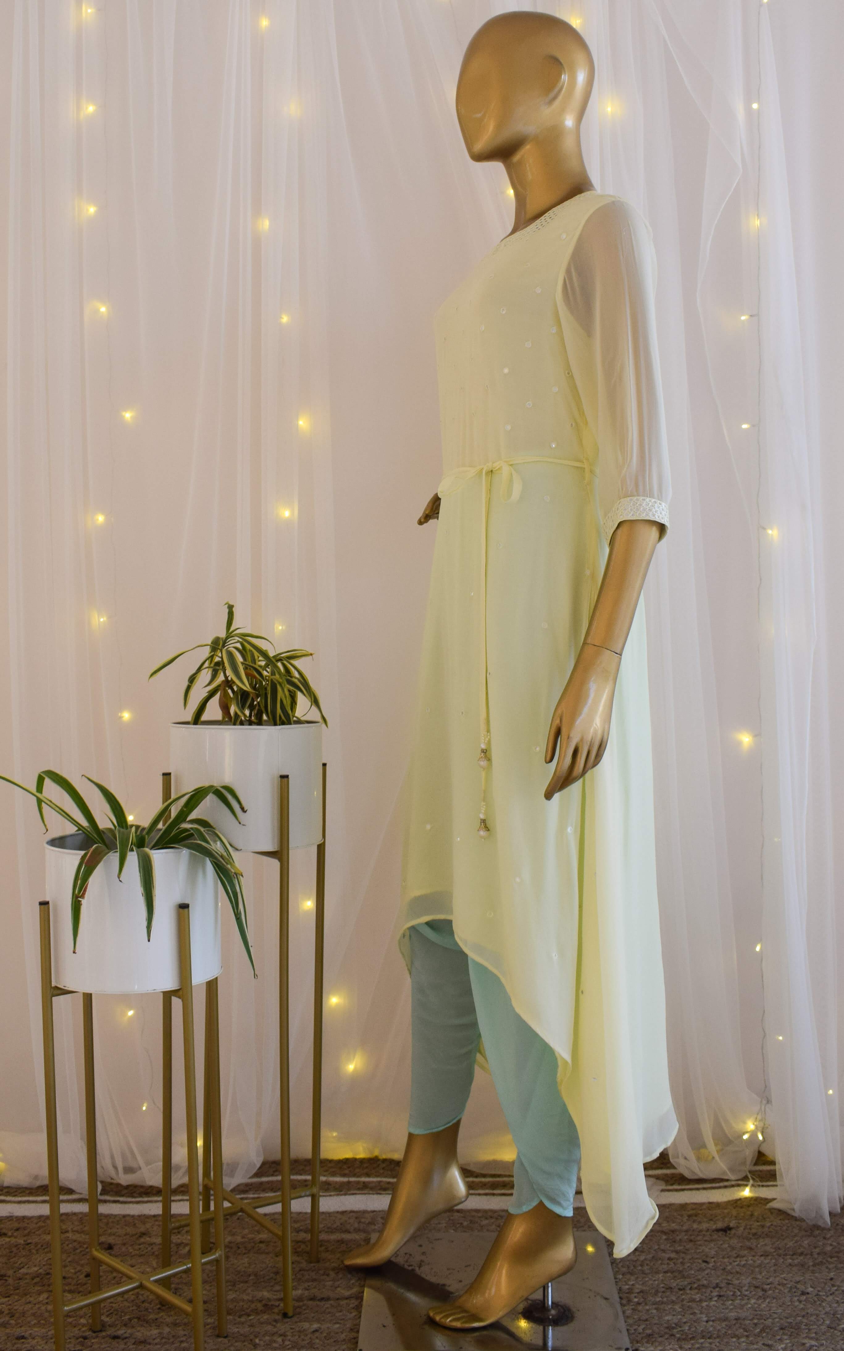 Lime n Mint Mirrorwork Long Kurti with Dhoti Pants