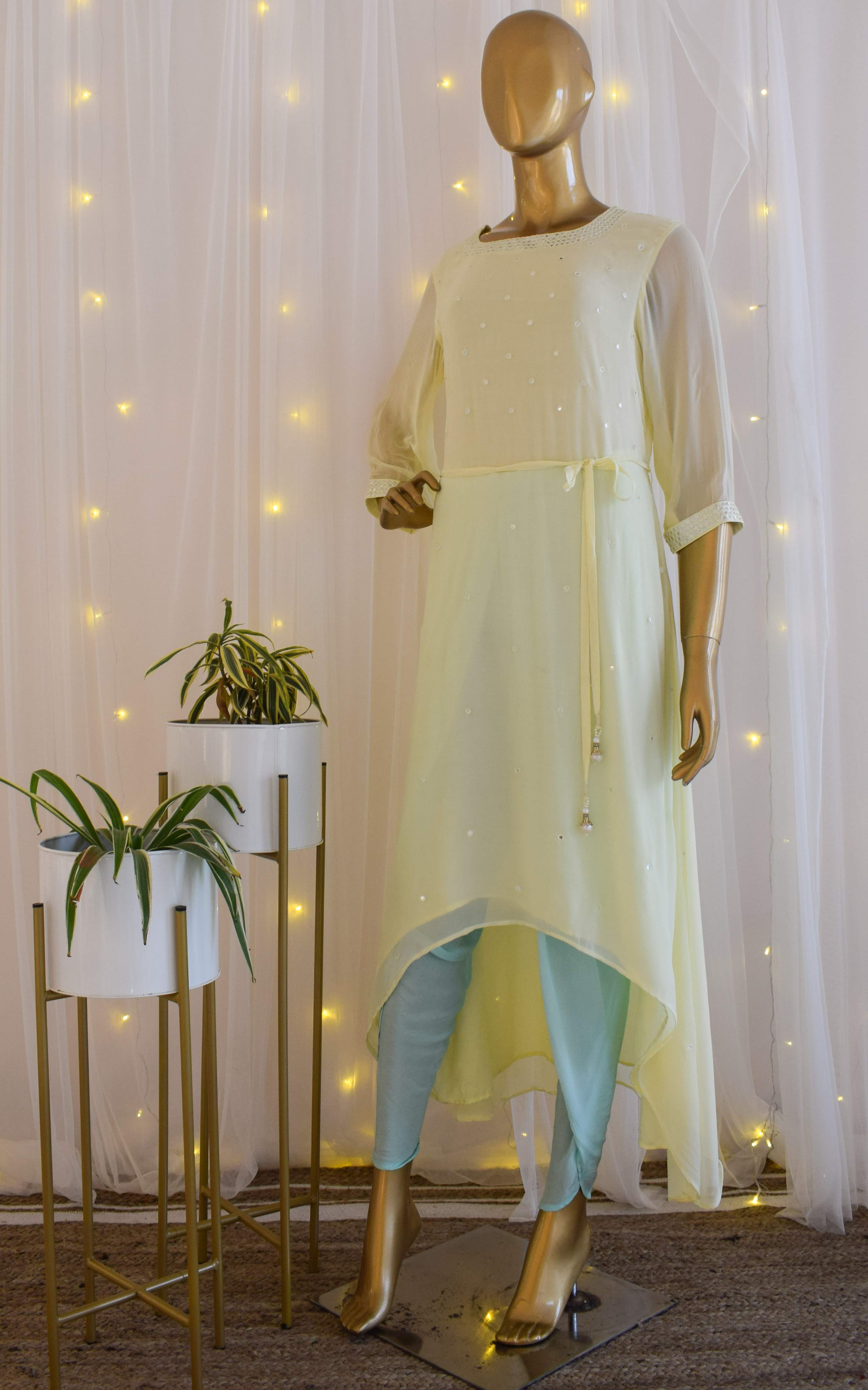 Lime n Mint Mirrorwork Long Kurti with Dhoti Pants