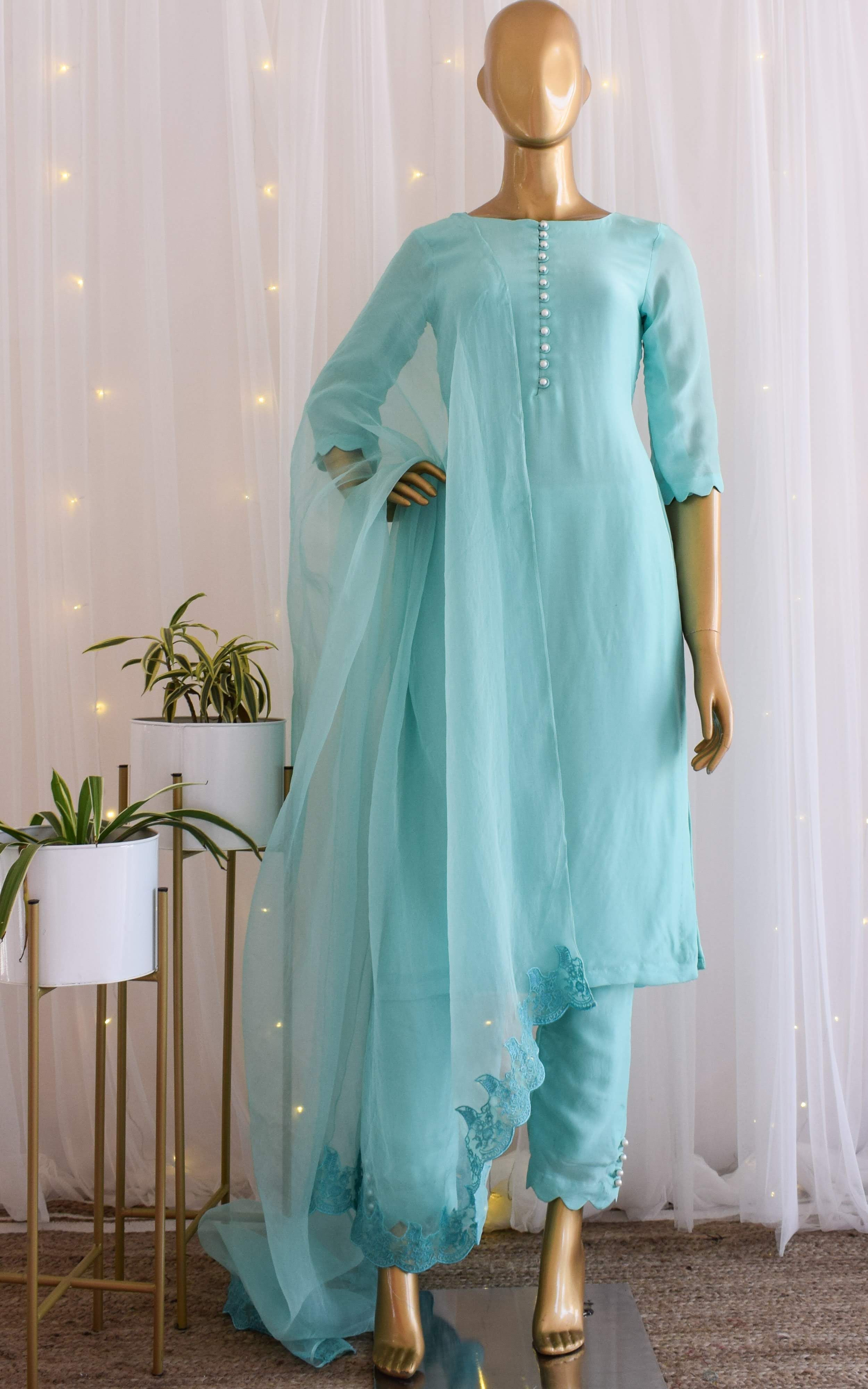 Asha Negi Sky Blue Kurta-Pant Set with Organza Dupatta