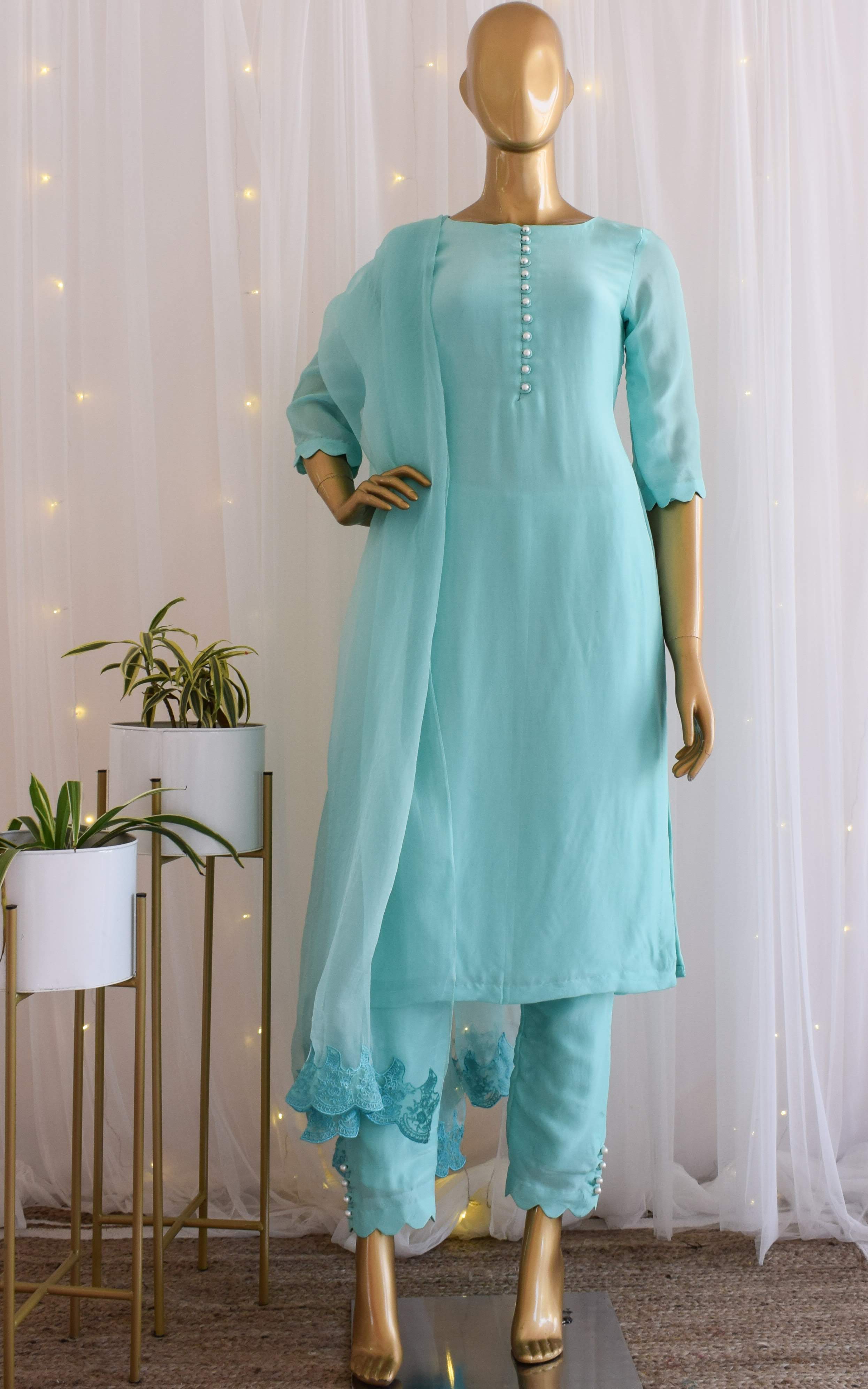 Asha Negi Sky Blue Kurta-Pant Set with Organza Dupatta