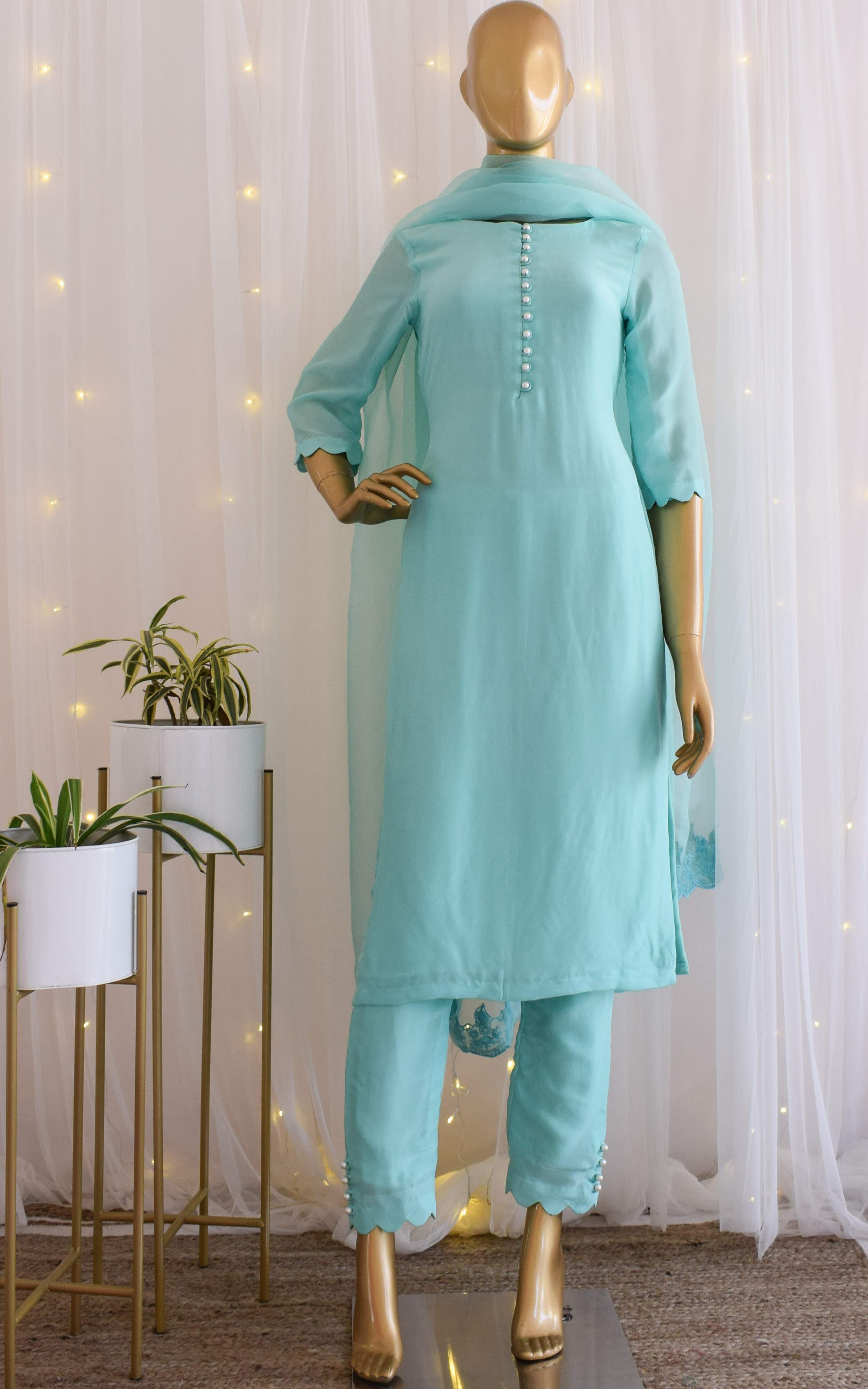 Asha Negi Sky Blue Kurta-Pant Set with Organza Dupatta
