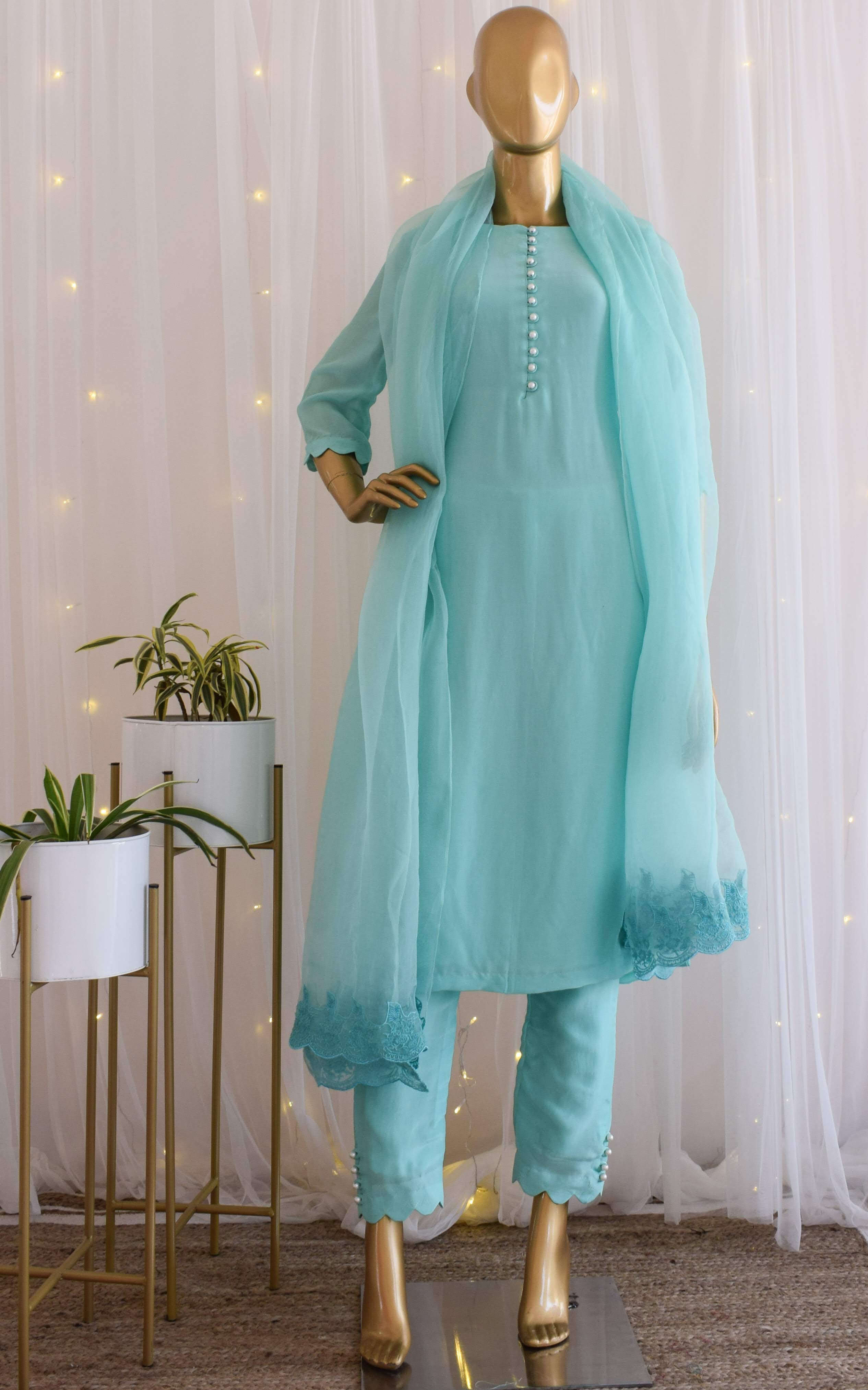 Asha Negi Sky Blue Kurta-Pant Set with Organza Dupatta