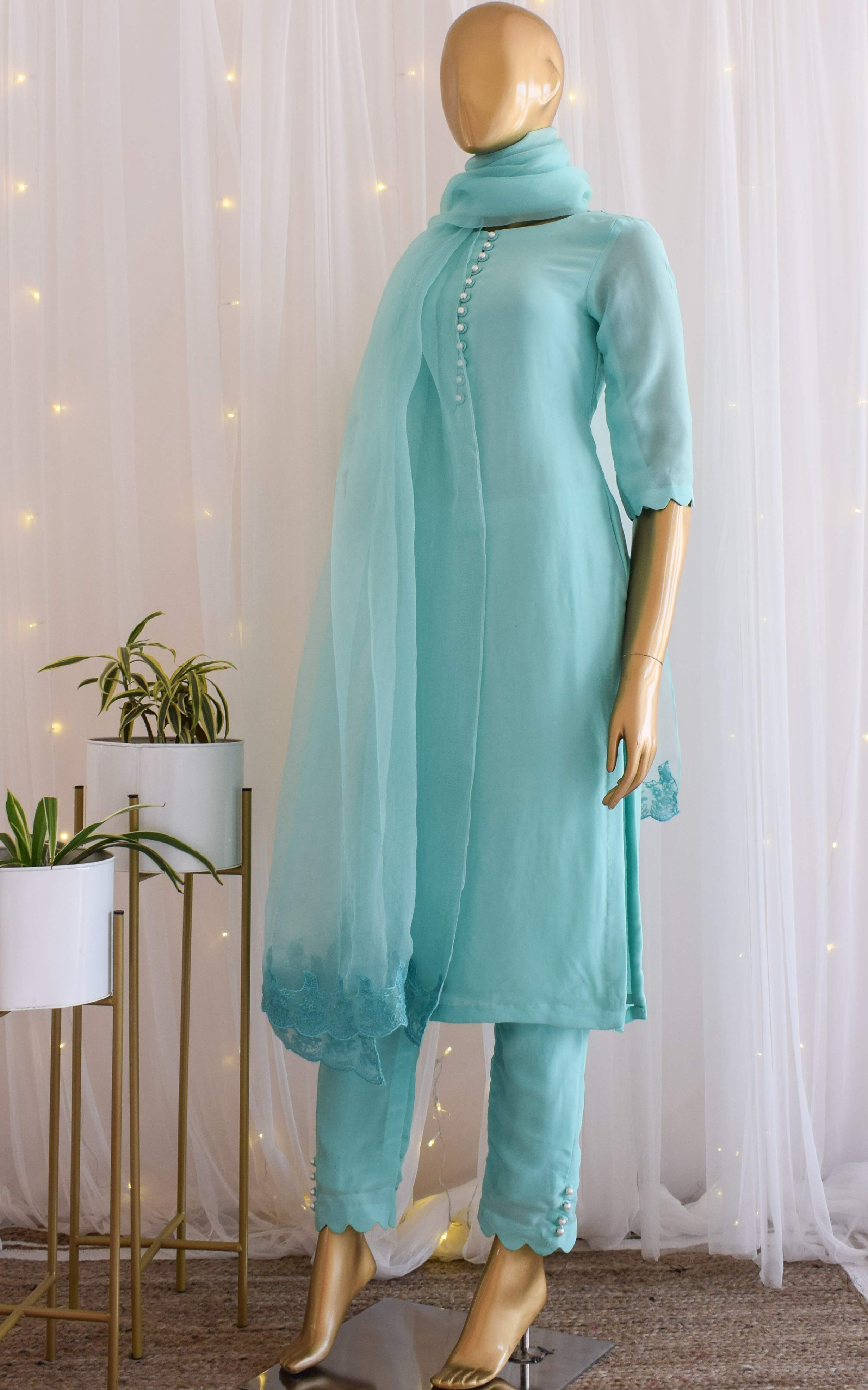 Asha Negi Sky Blue Kurta-Pant Set with Organza Dupatta