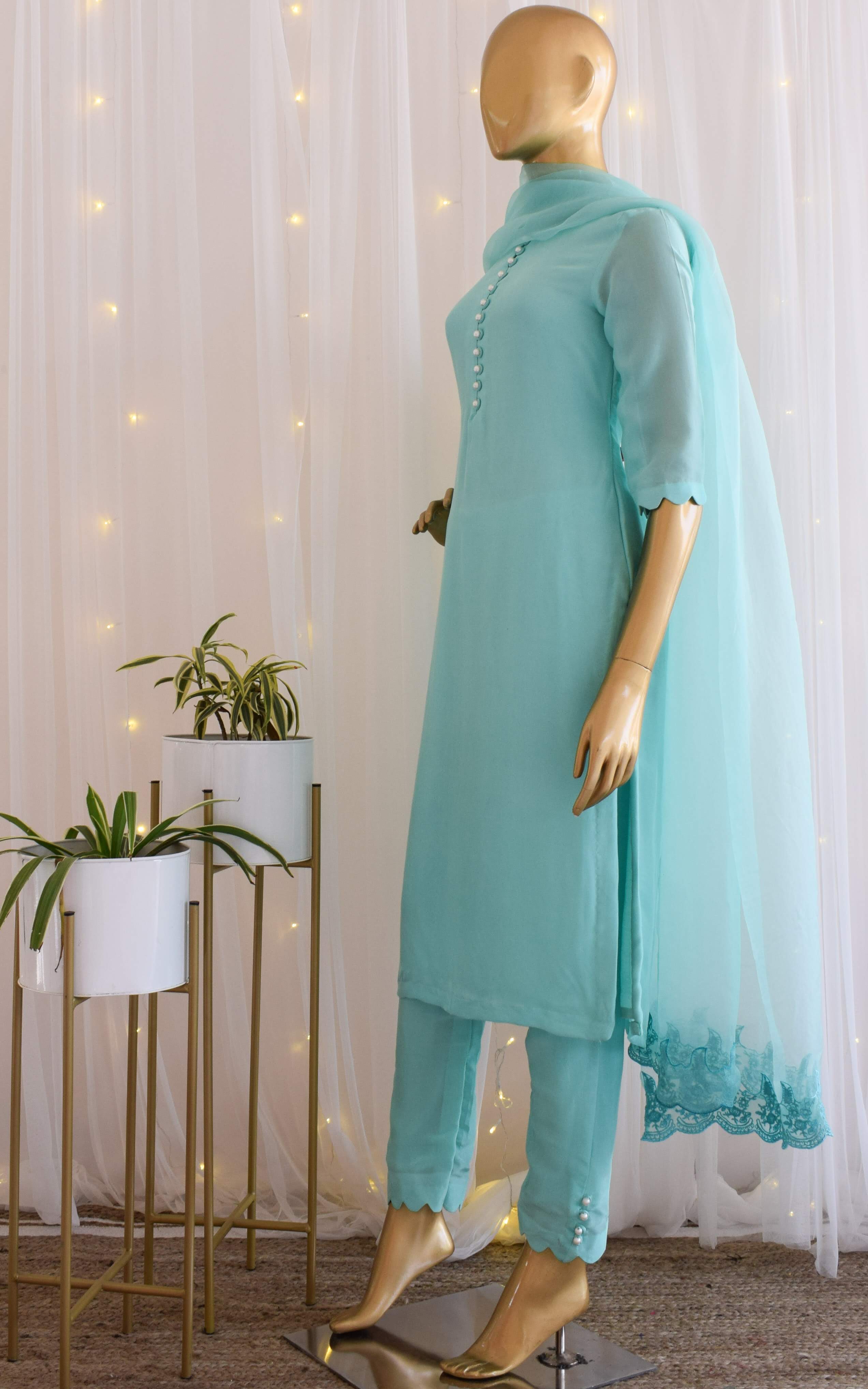 Asha Negi Sky Blue Kurta-Pant Set with Organza Dupatta