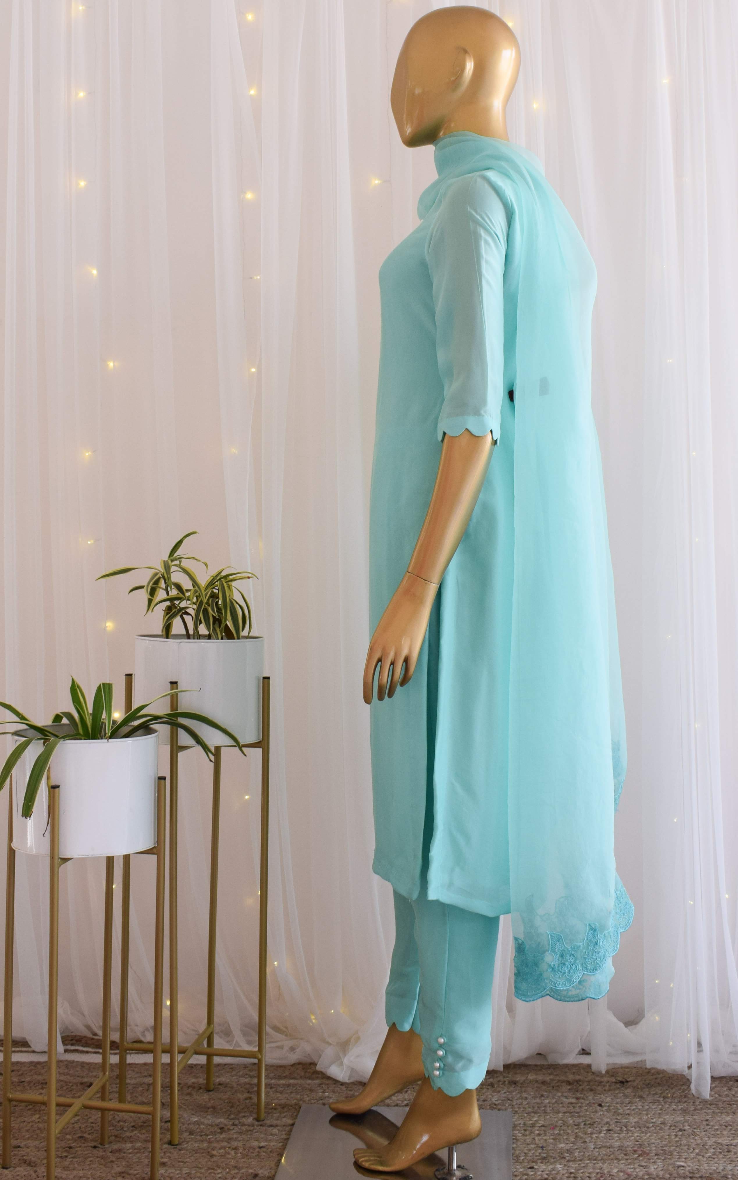 Asha Negi Sky Blue Kurta-Pant Set with Organza Dupatta