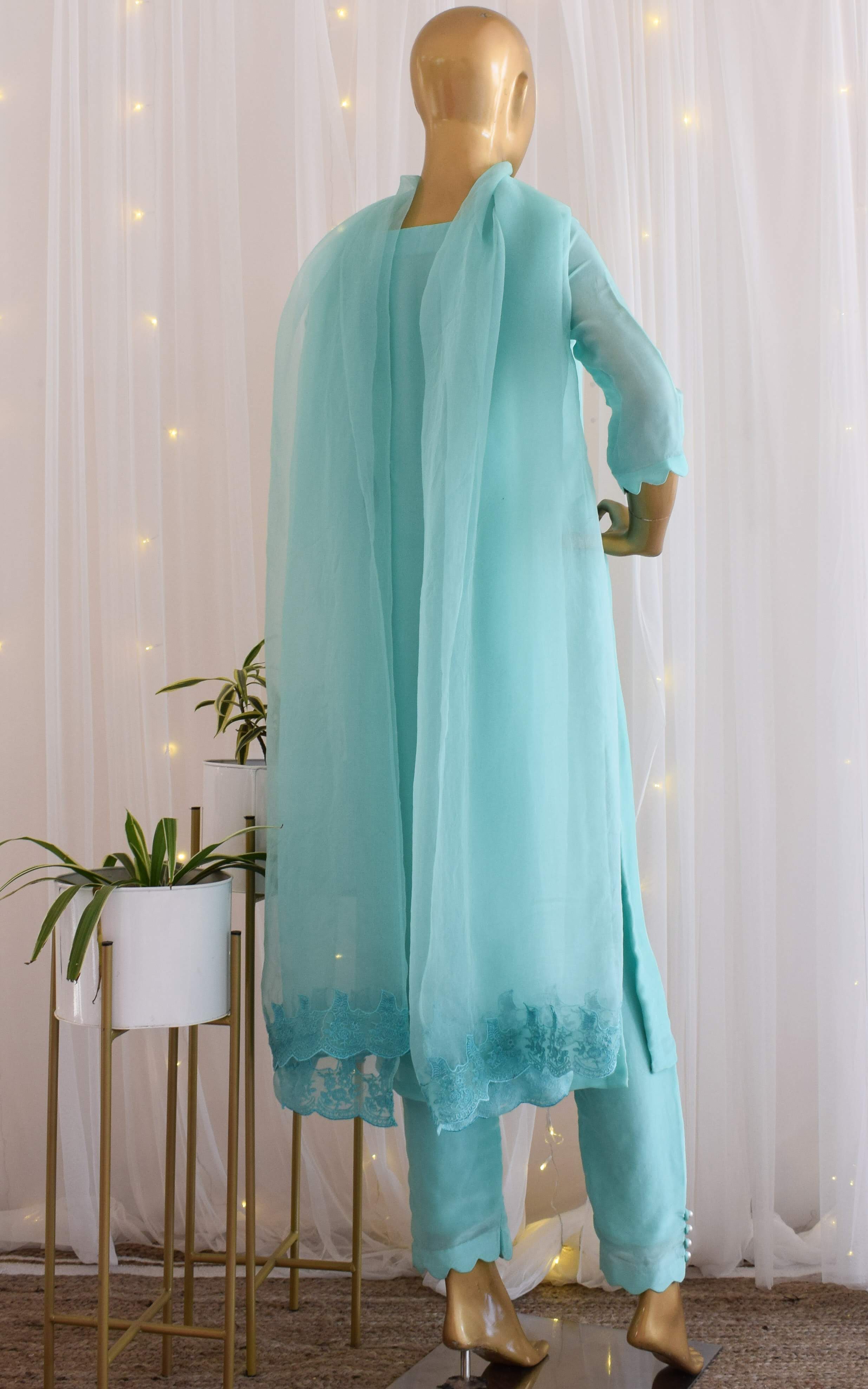 Asha Negi Sky Blue Kurta-Pant Set with Organza Dupatta