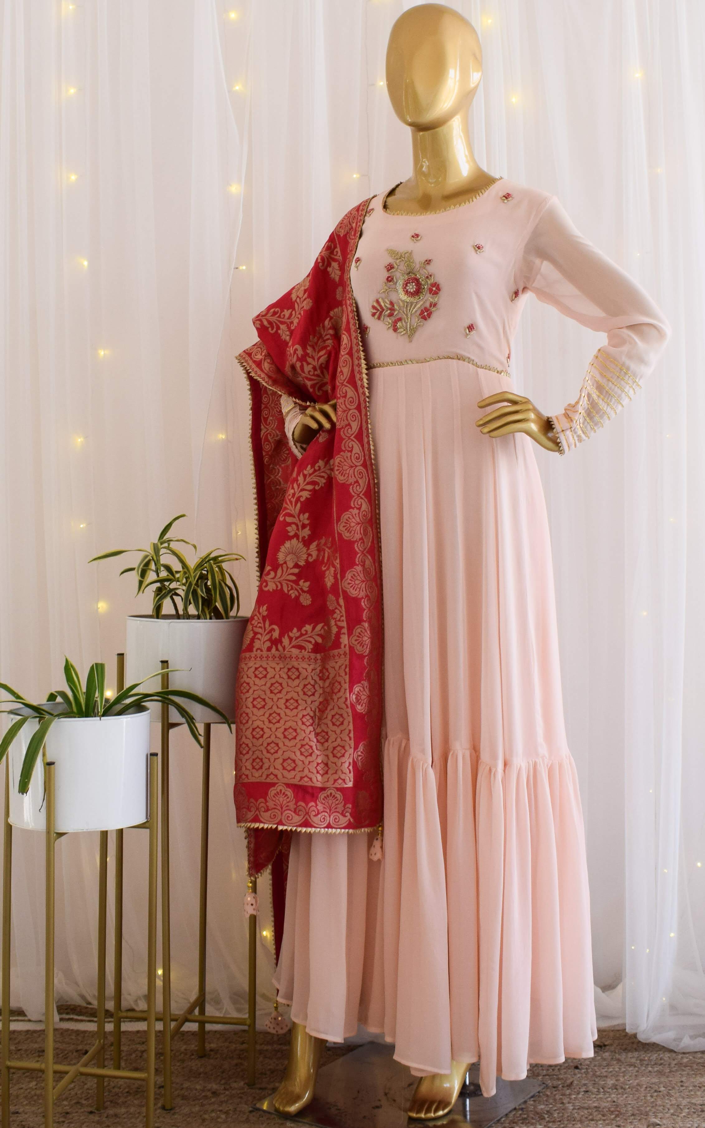 Powder Pink Handwork Anarkali with Banarasi Dupatta