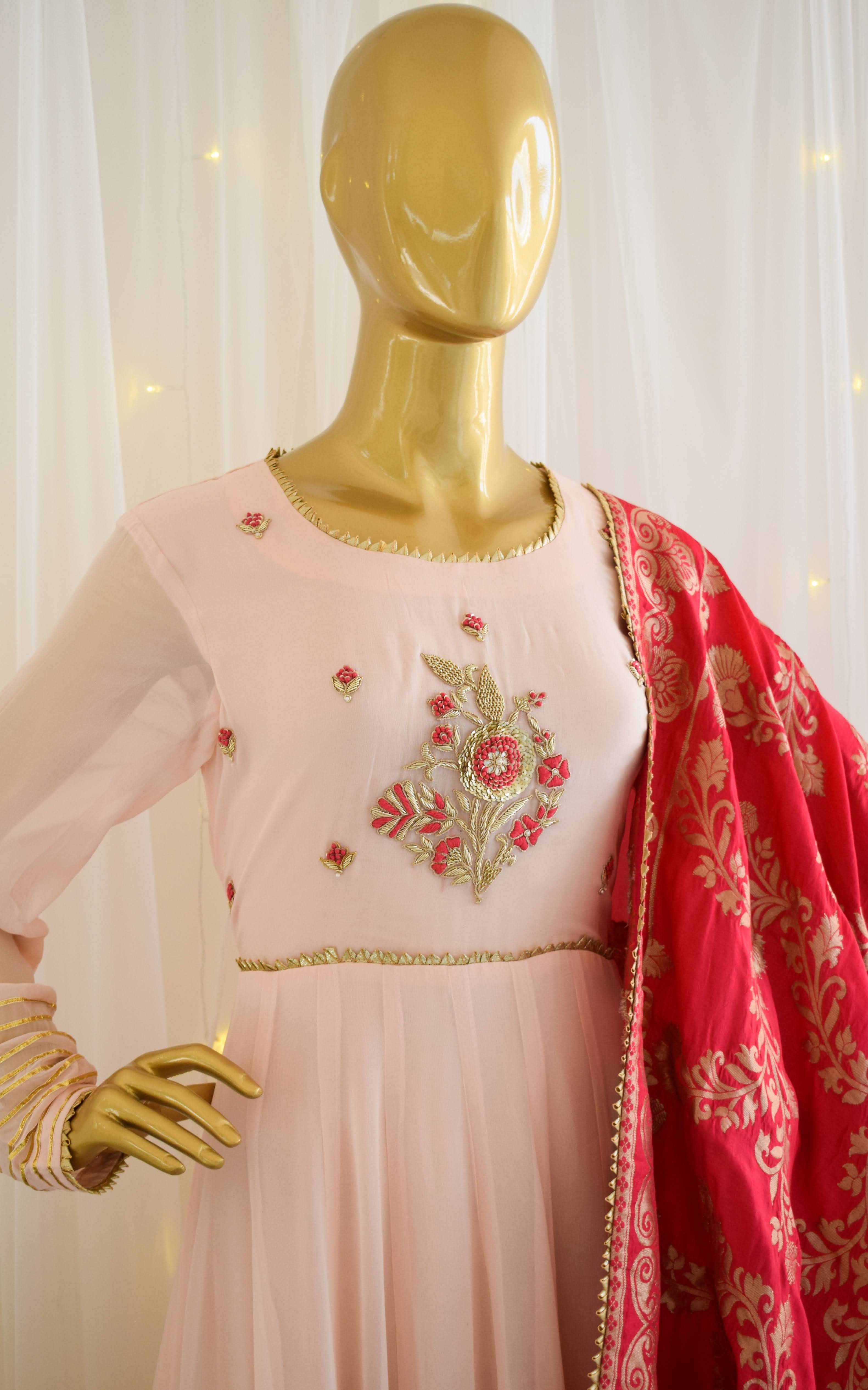 Powder Pink Handwork Anarkali with Banarasi Dupatta