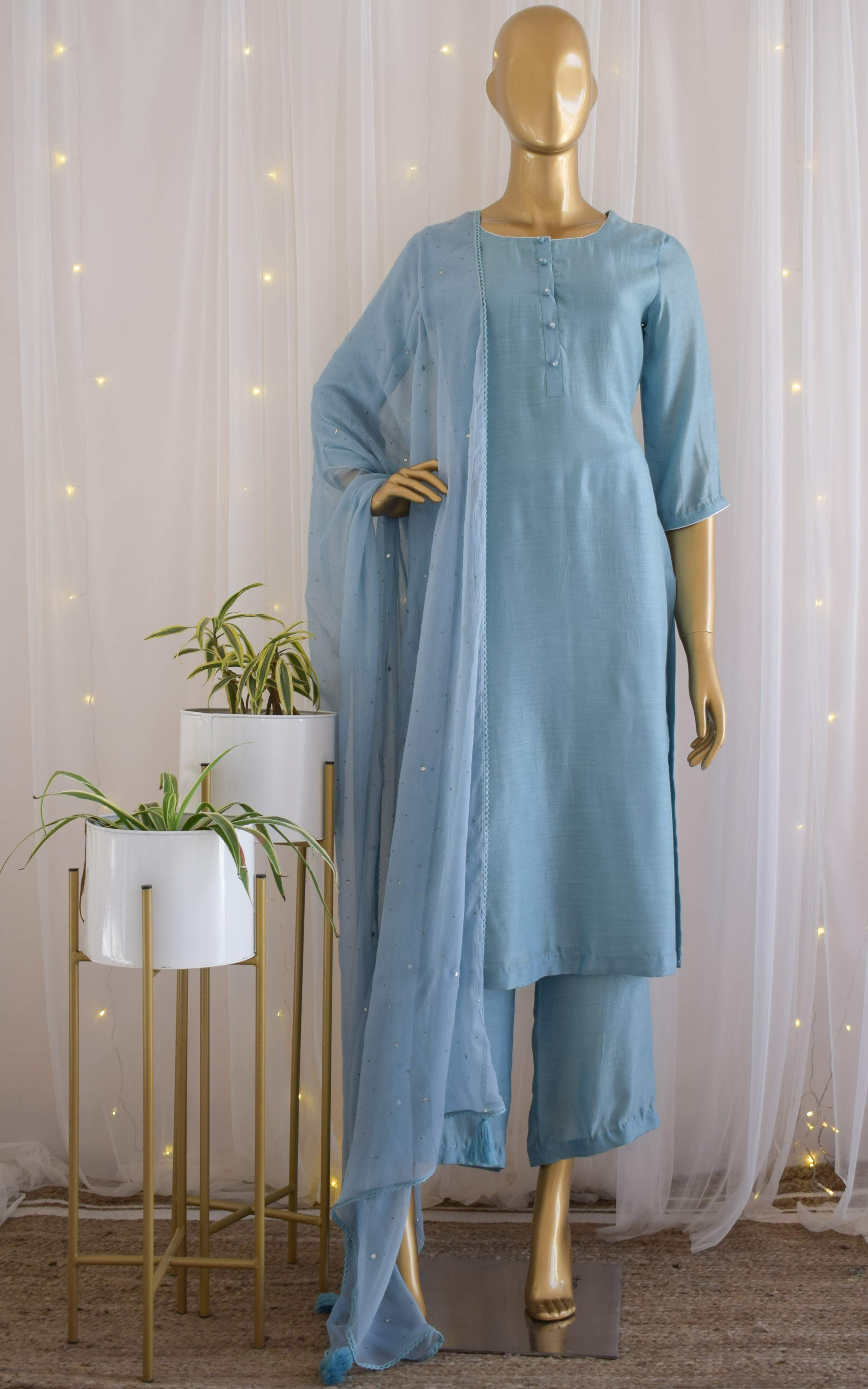 Jade Blue Cotton Silk Kurta Set with Mukaish-work Dupatta
