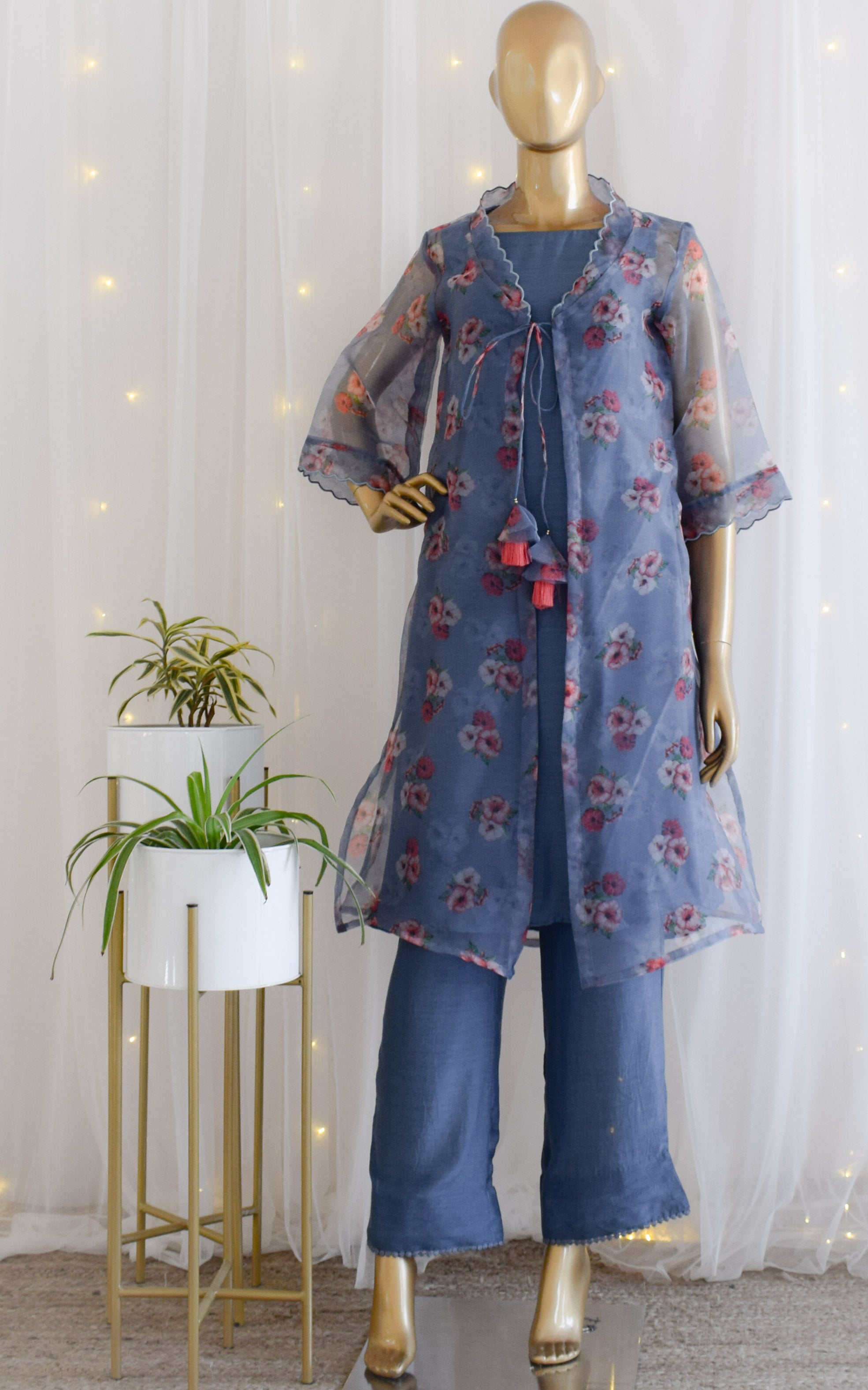 Navy Blue Organza Jacket-Kurta Set