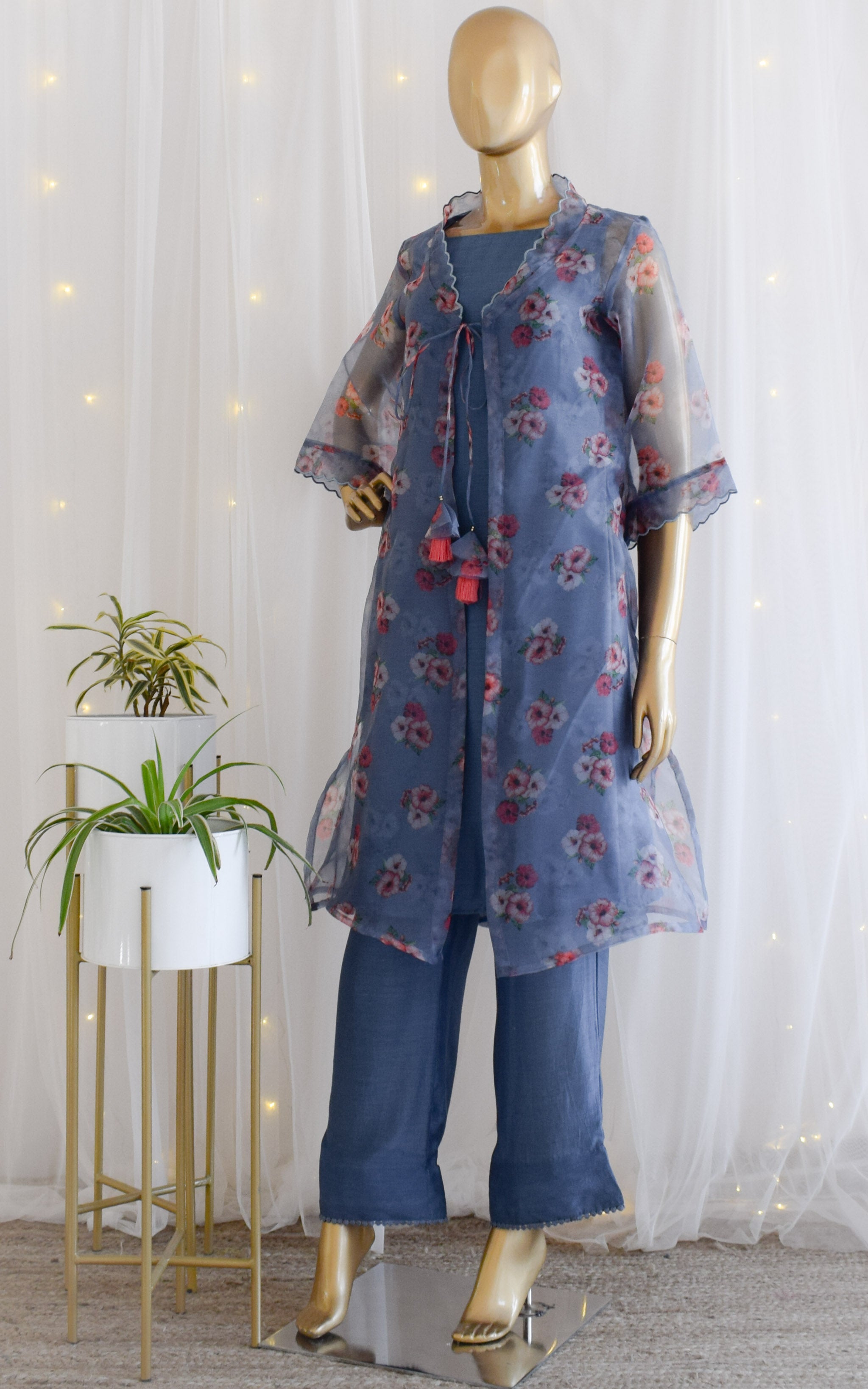 Navy Blue Organza Jacket-Kurta Set