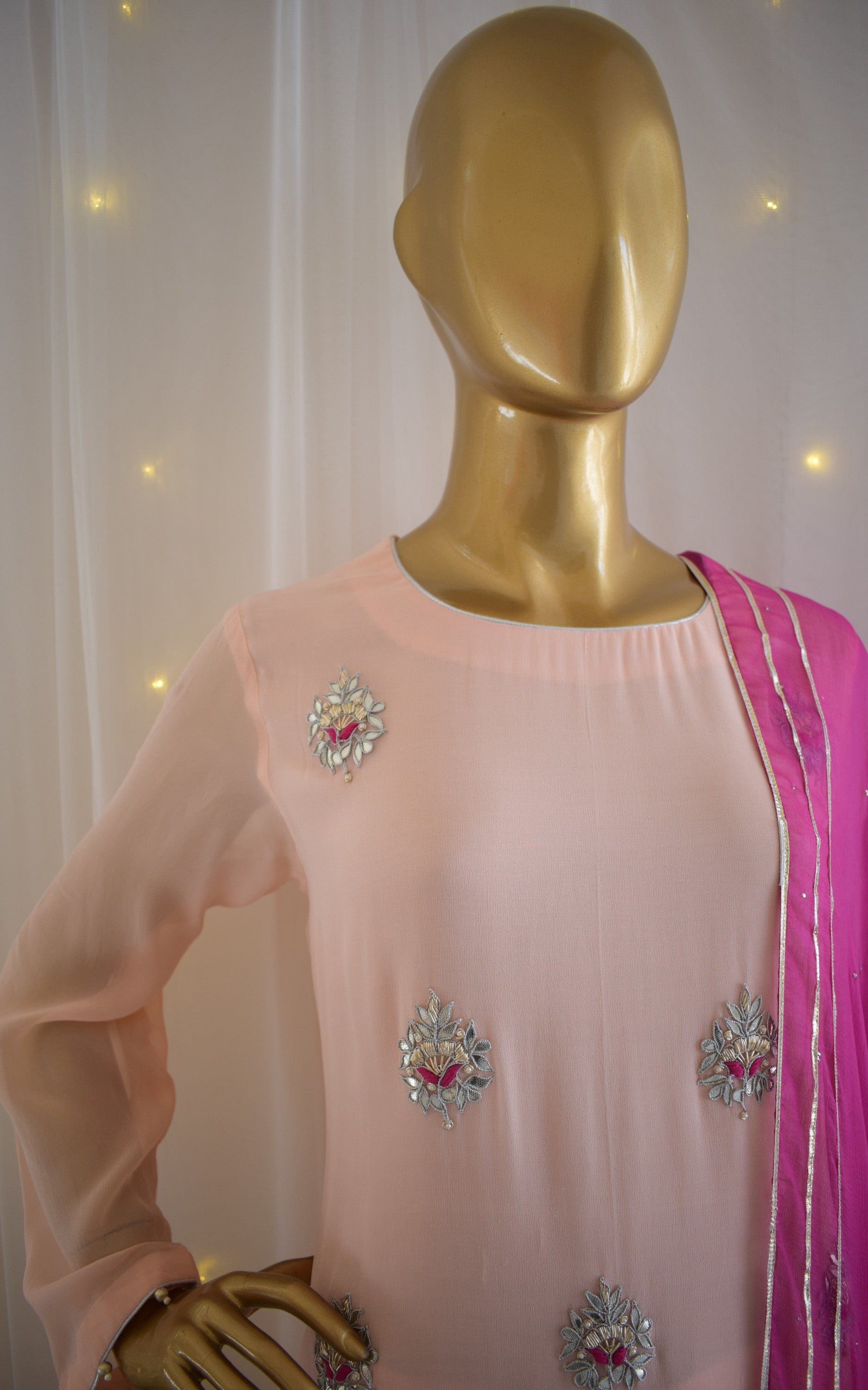 Powder Pink Gota Patti Kurta Set with Mukaish Dupatta