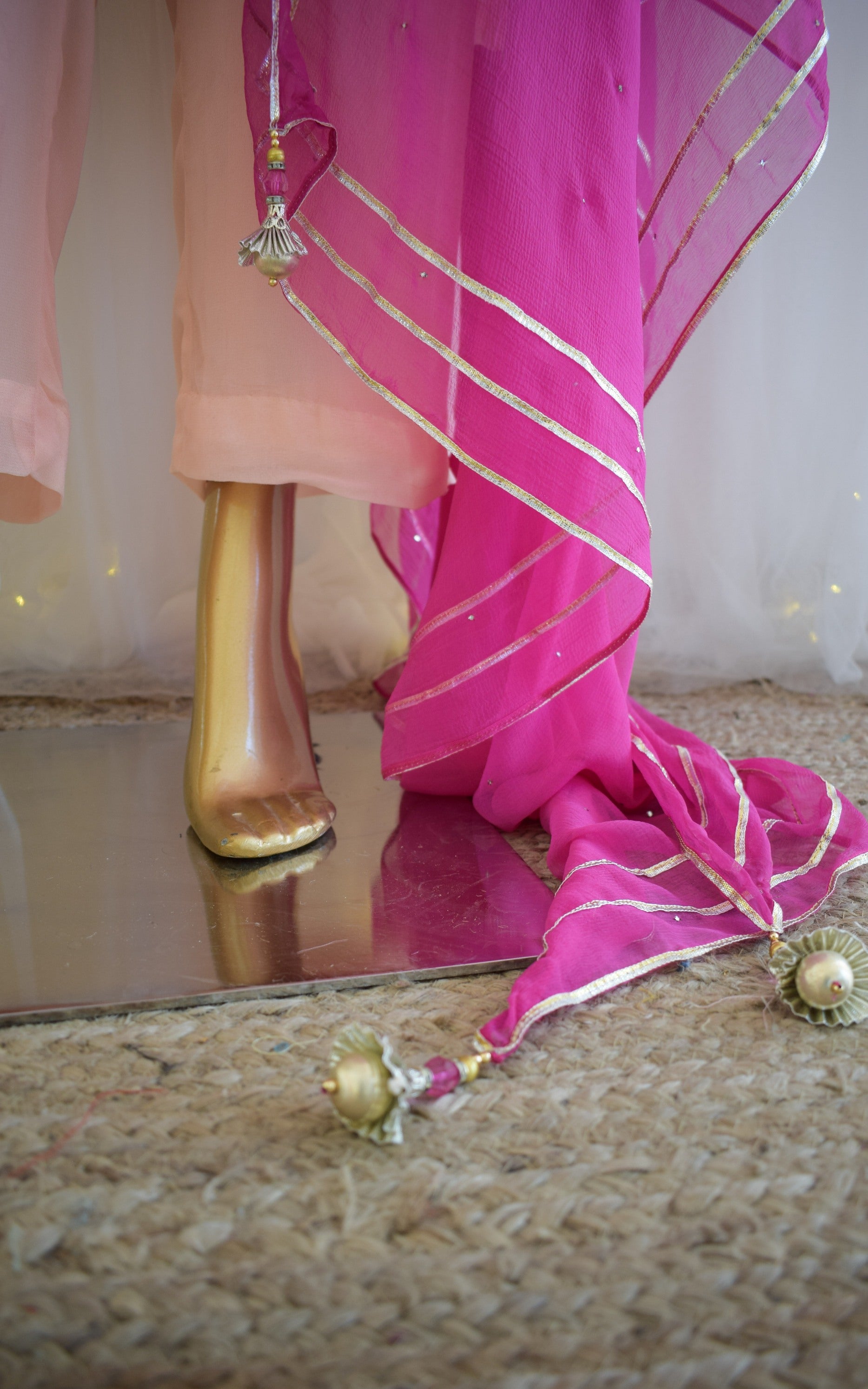 Powder Pink Gota Patti Kurta Set with Mukaish Dupatta