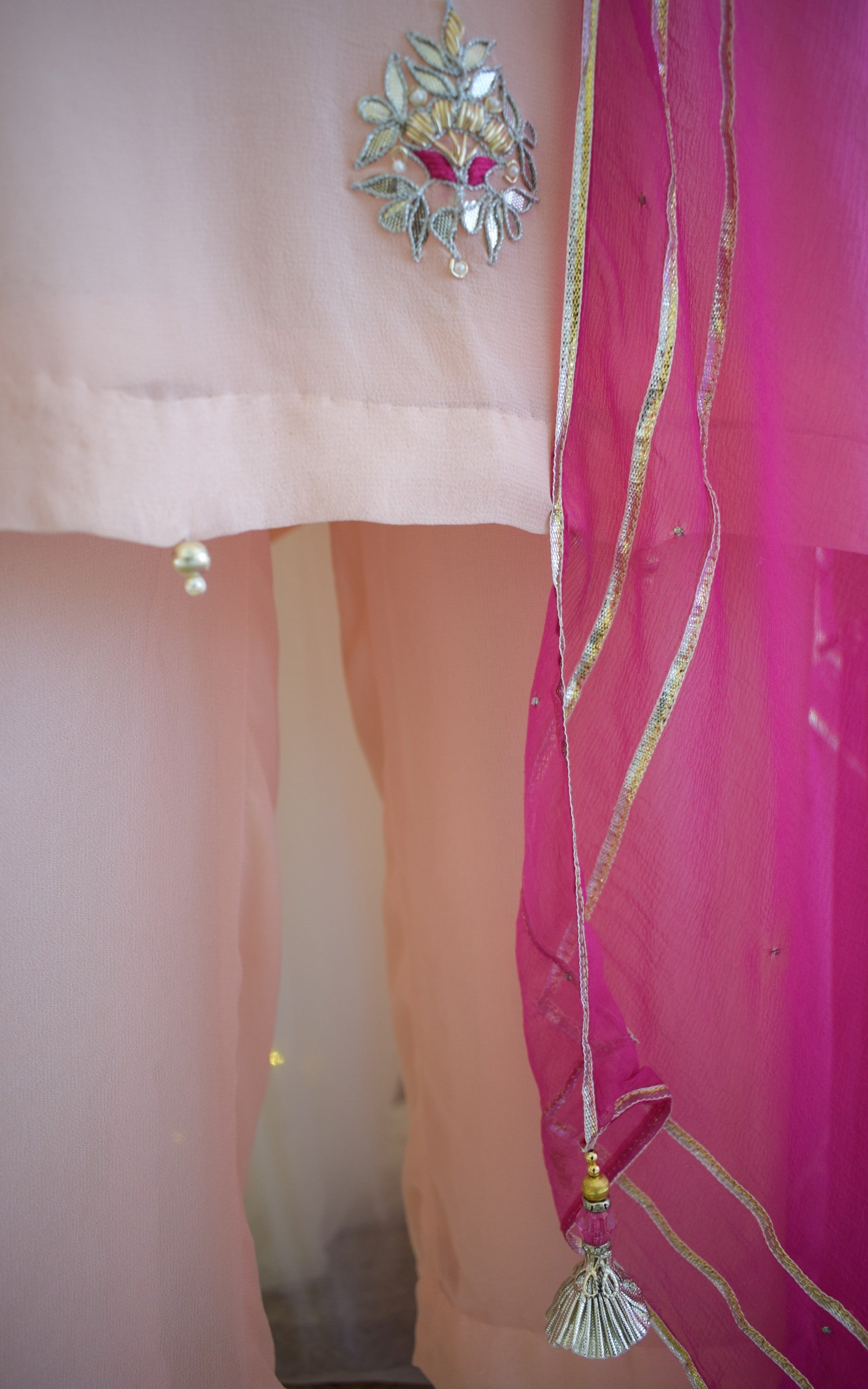 Powder Pink Gota Patti Kurta Set with Mukaish Dupatta